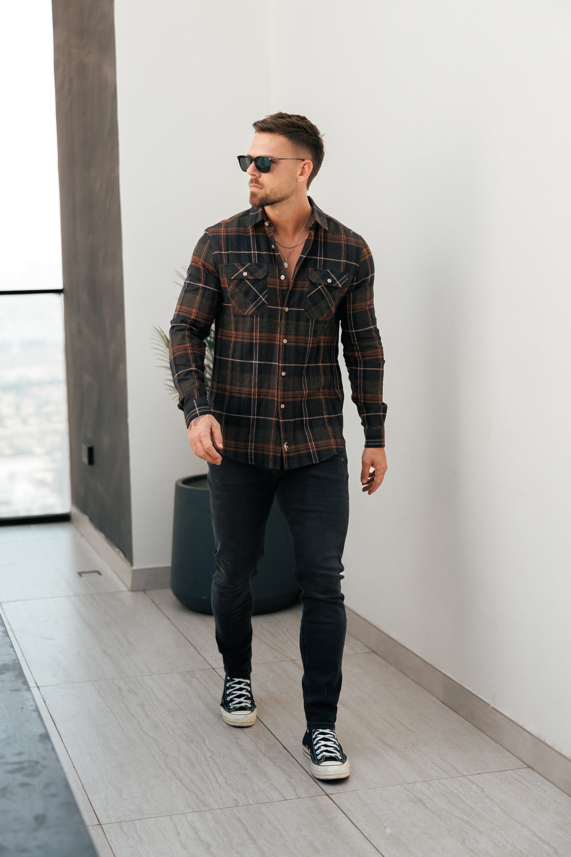 Brown Check Shacket With Double Pockets - FS1196