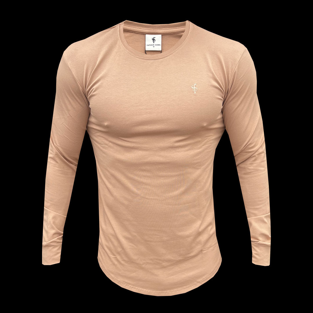 Classic Coffee Tonal Curved Hem Long Sleeve Crew T Shirt - FSH1001