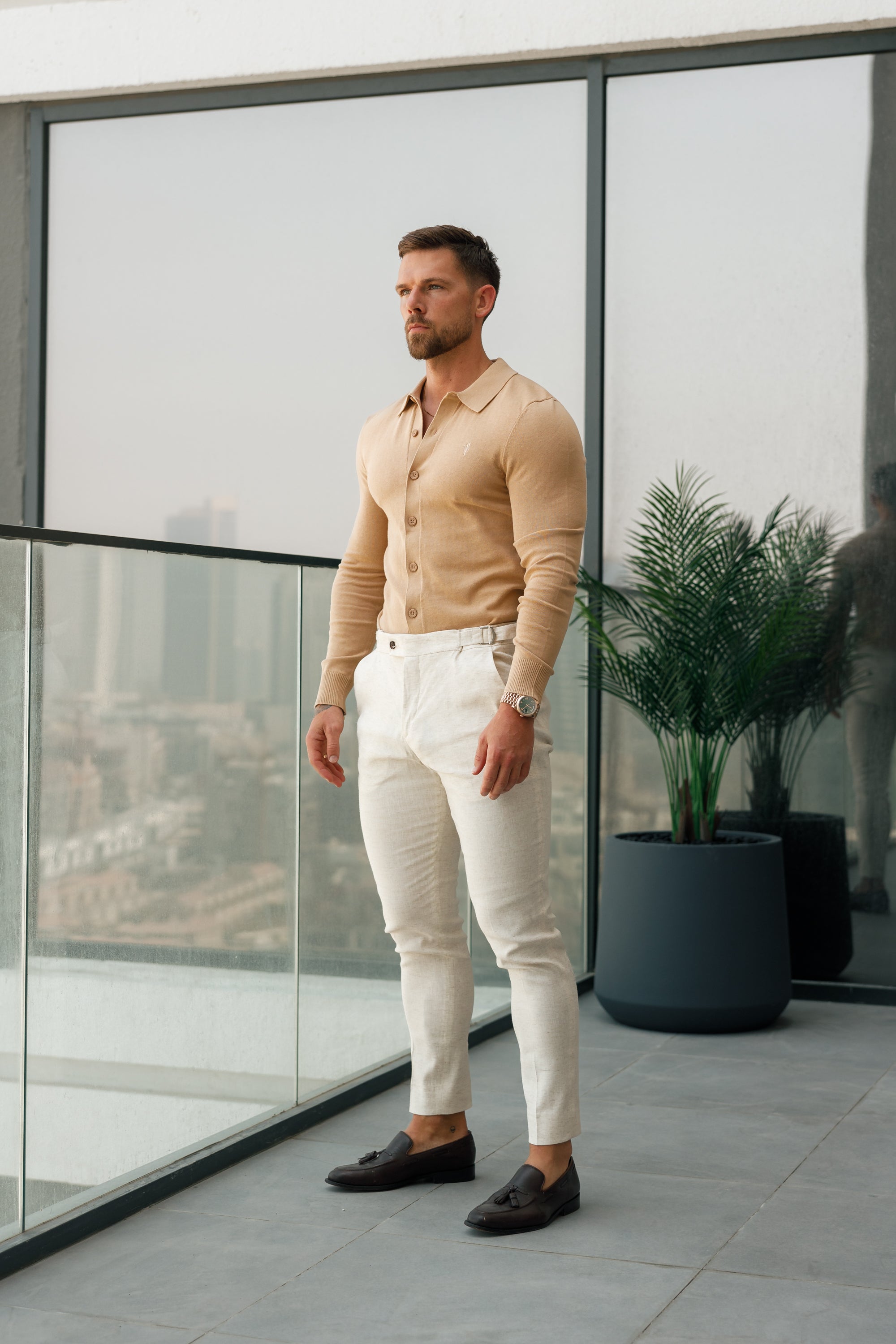 Classic Plain Coffee Knitted Button Through Polo Long Sleeve - FSN171