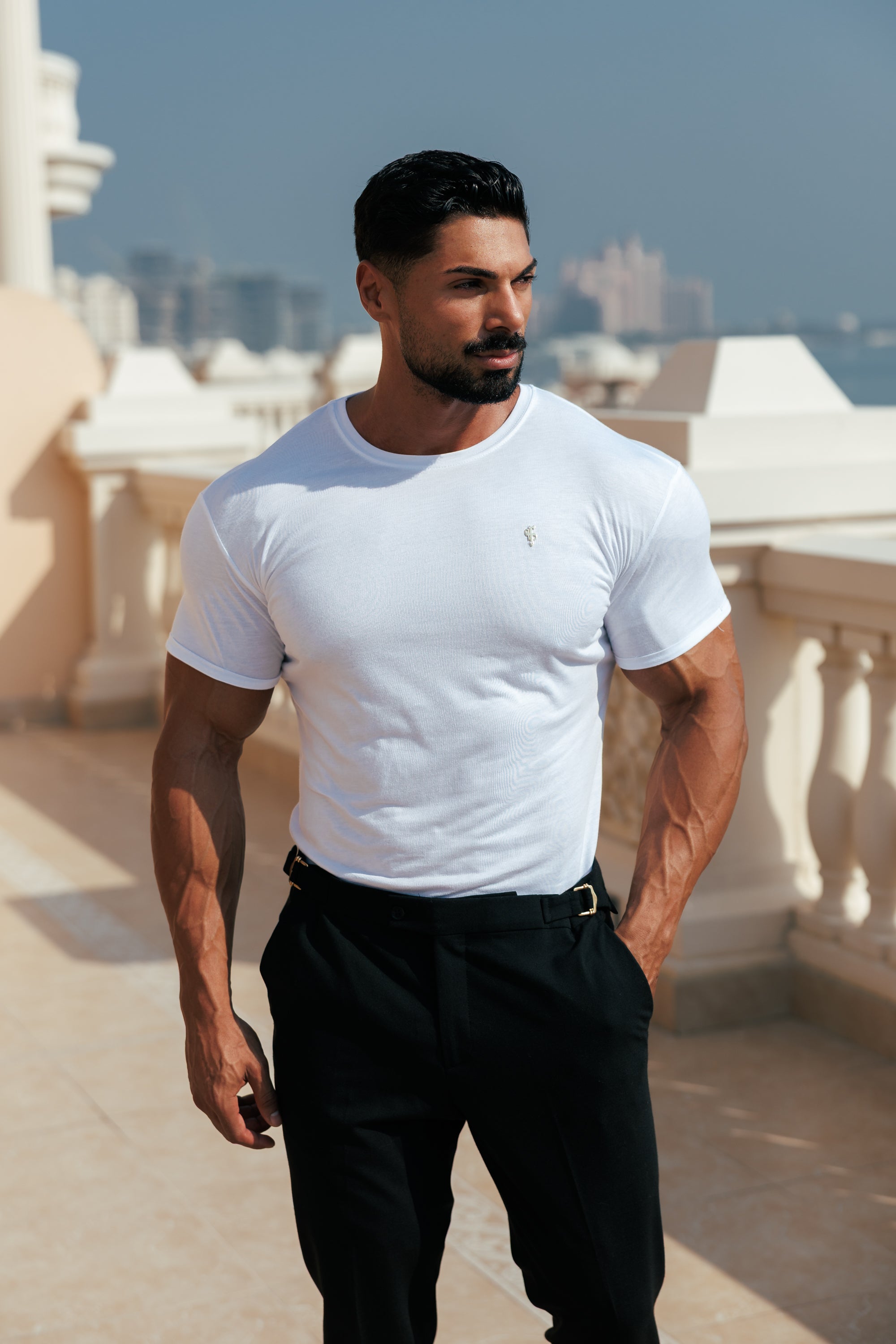 White Bamboo Crew Tshirt with Gold Metal Emblem Decal FSH1381