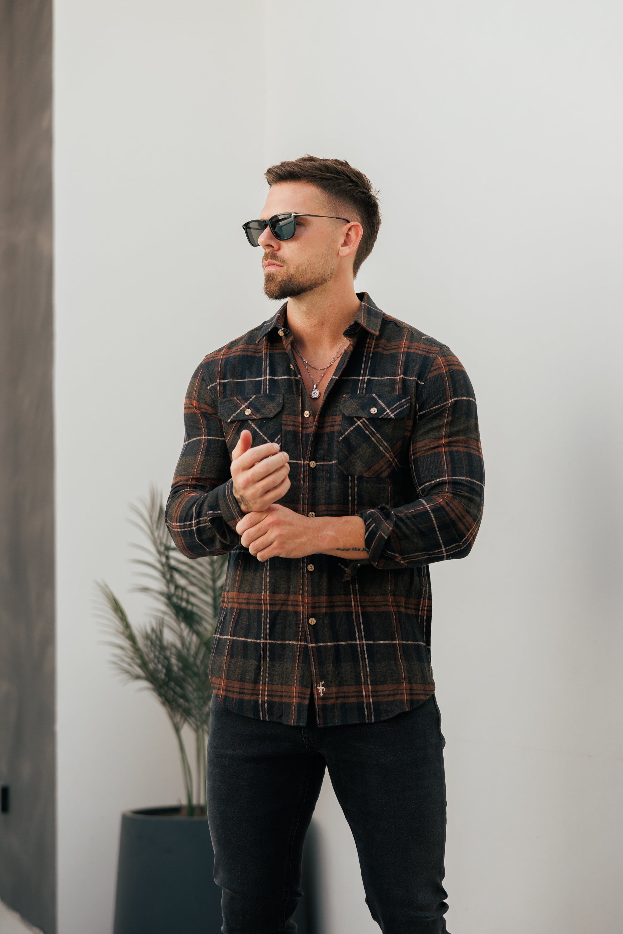 Brown Check Shacket With Double Pockets - FS1196