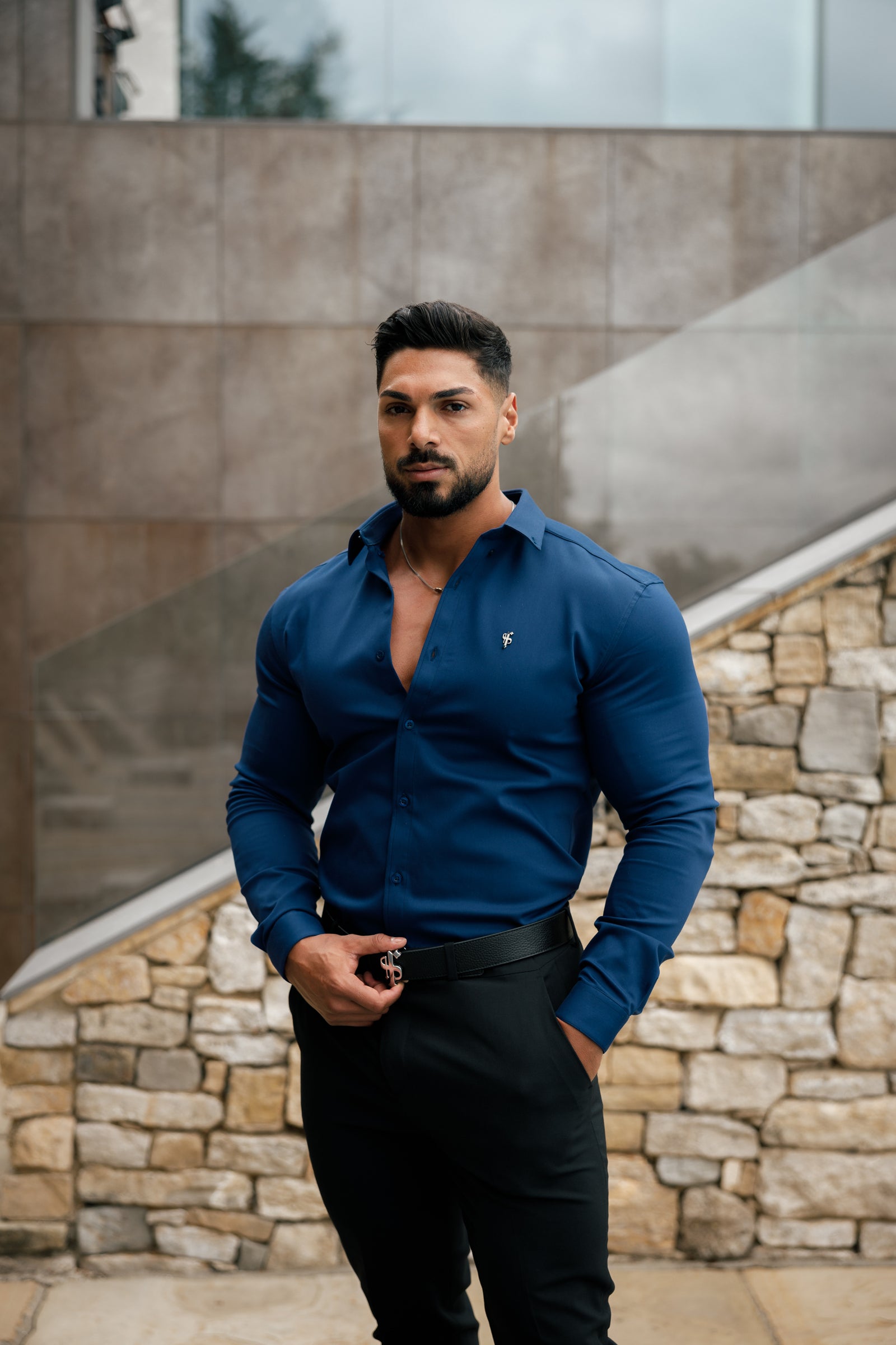 【Father&Sons】スーパースリム ストレッチ シェル柄長袖シャツ Father Sons Super Slim Stretch Navy Denim Long Sleeve with