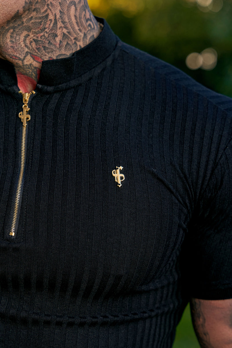 Father Sons Classic Black / Black Ribbed Gold Zip Grandad Collar Shirt Short Sleeve - FSH914