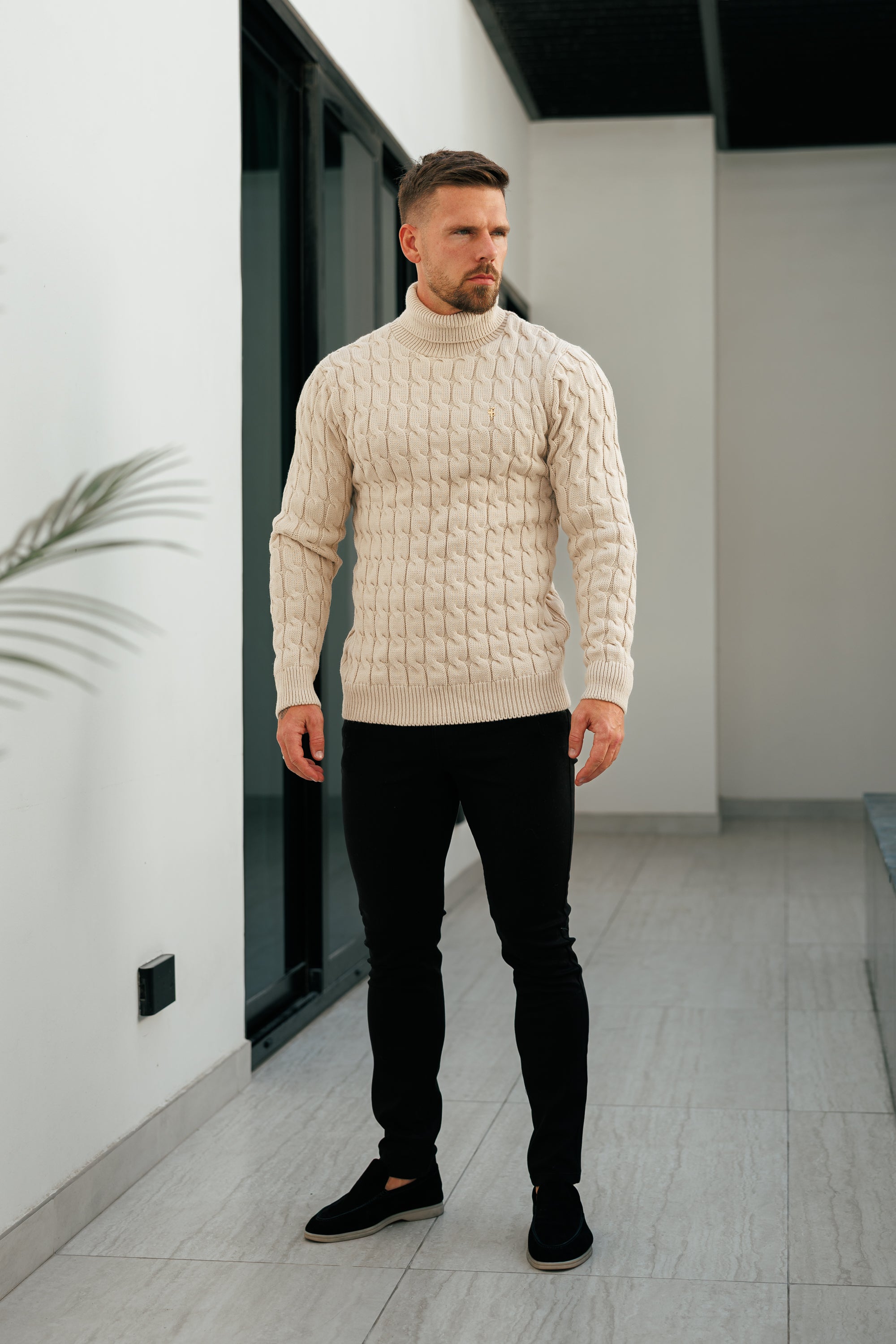 Link Weave Knit Beige Roll Neck Jumper - FSJ100