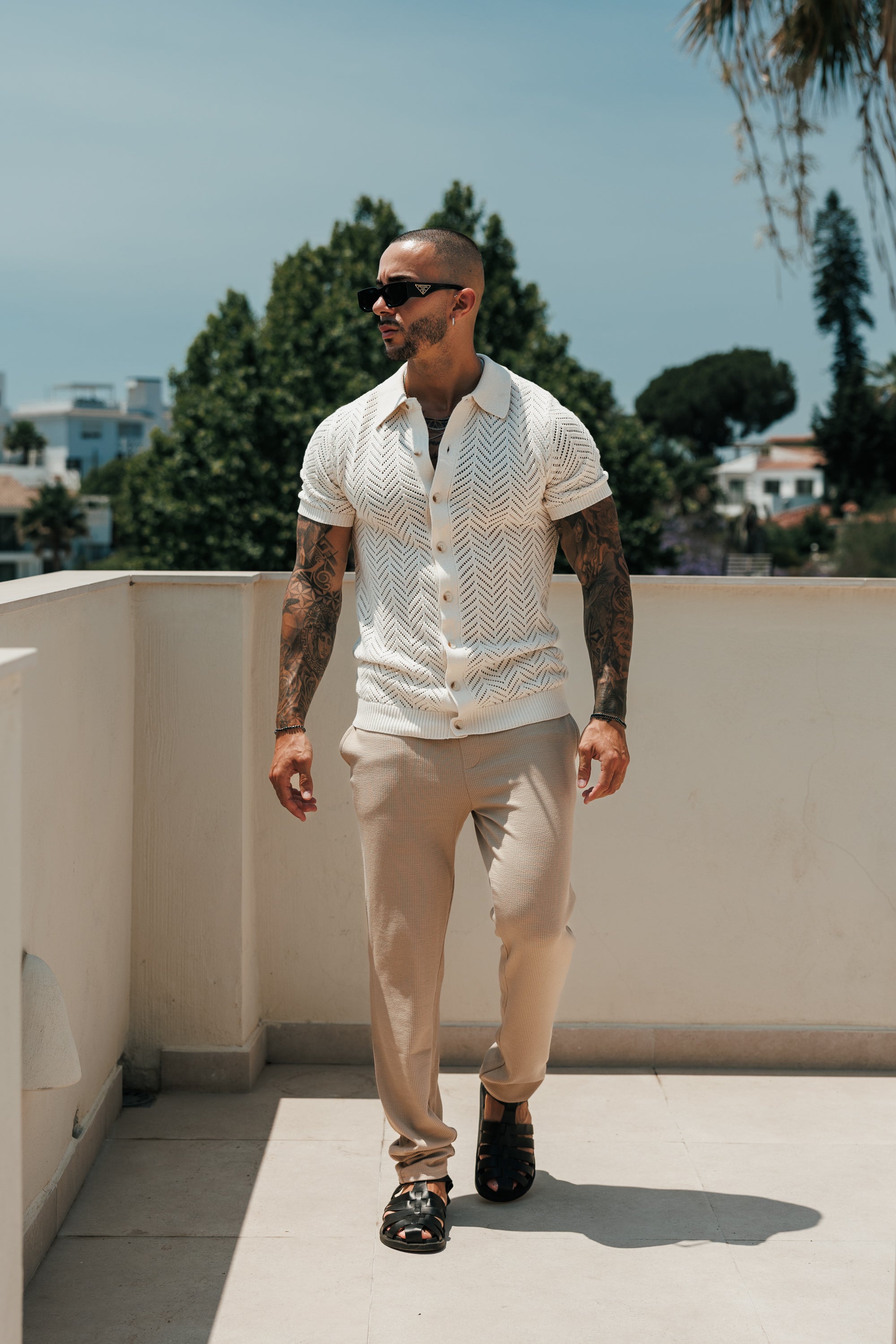 Cream Chevron Perforated Shirt Short Sleeve - FSA015 (PRE ORDER 31ST AUGUST)