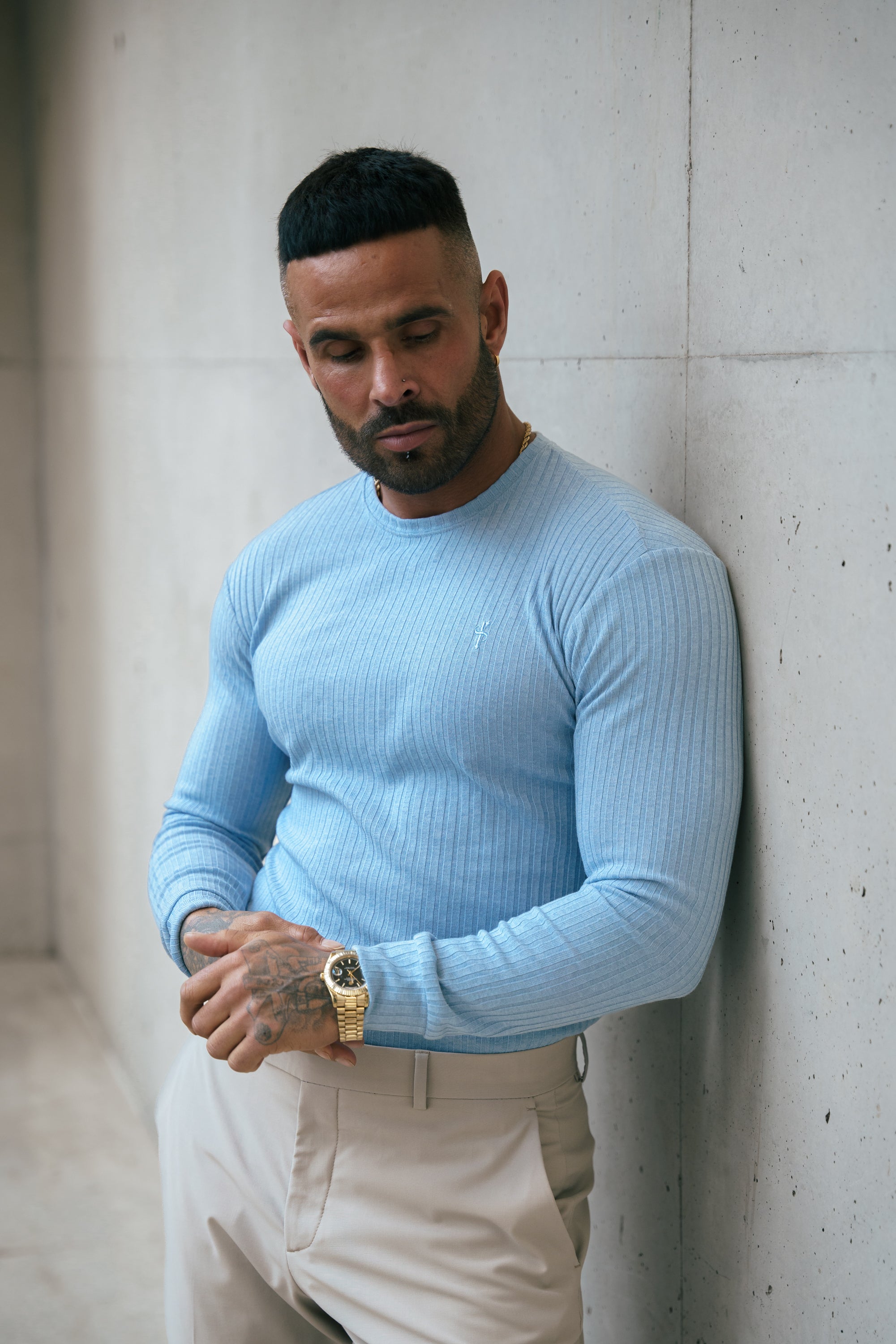 Classic Light Blue Ribbed Knit Jumper With Tonal Embroidery - FSH1286