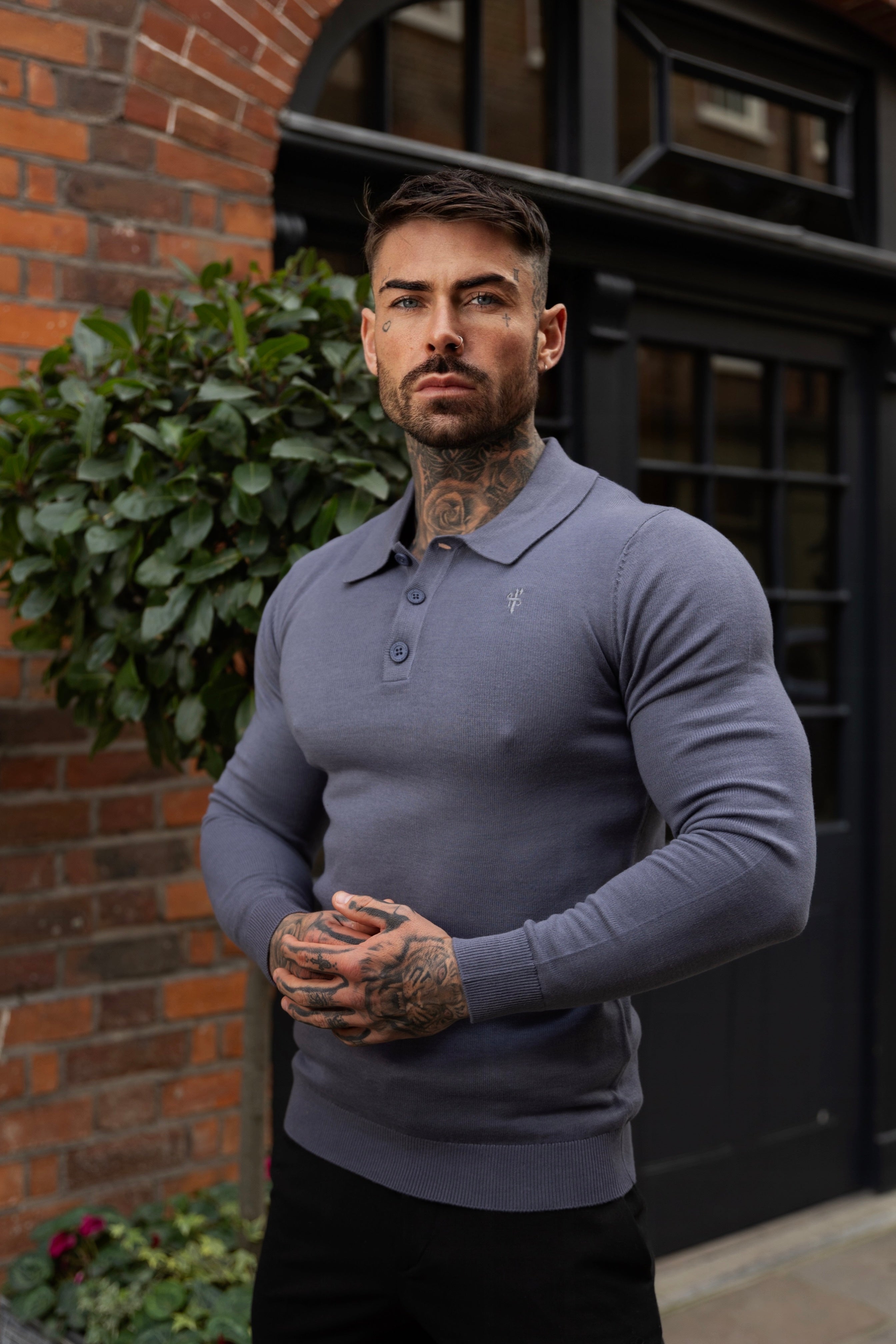 Classic Gunmetal Knitted Polo Jumper Long Sleeve With Tonal FS Embroidery- FSN141