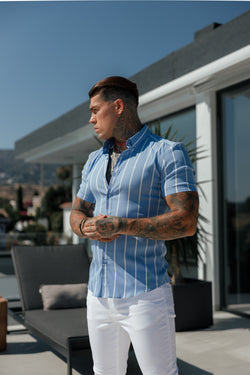 Father Sons Super Slim Stretch Blue Printed Wide Stripe Short Sleeve with Button Down Collar - FS1054