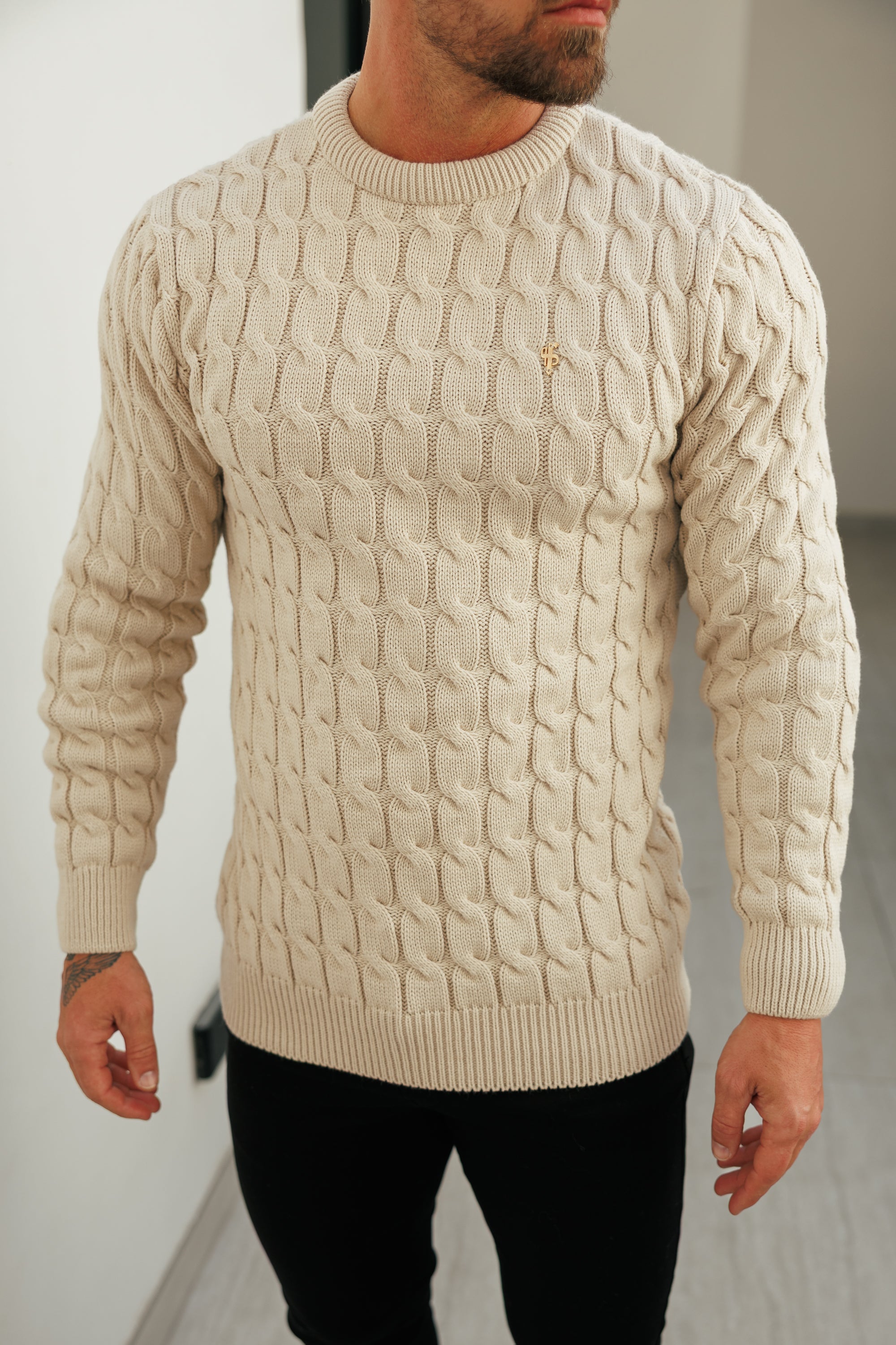 Link Weave Knit Beige Crew Neck Jumper - FSJ127