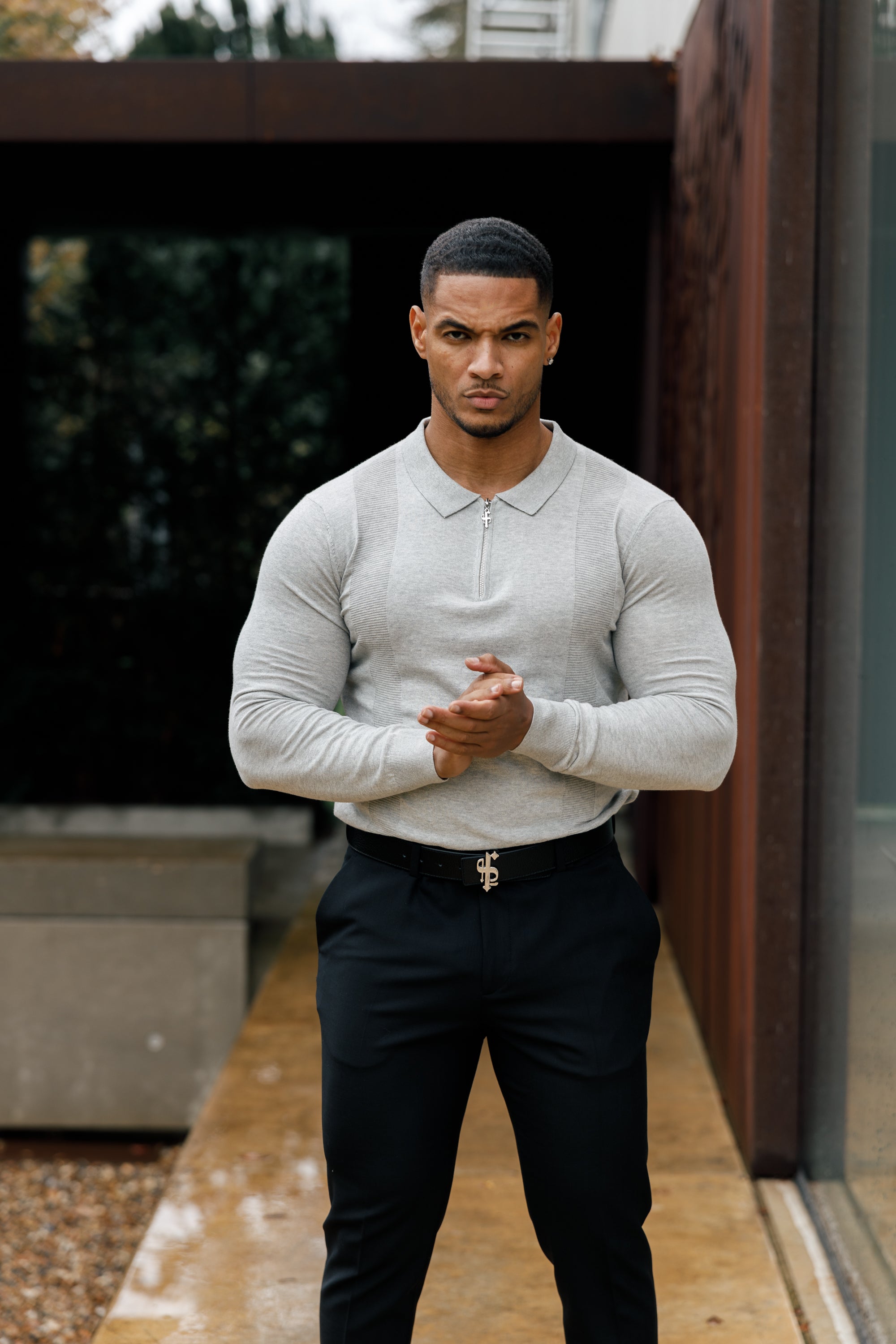 Classic Grey Marl and Silver Zip Knitted Polo Shirt Long Sleeve - FSN127