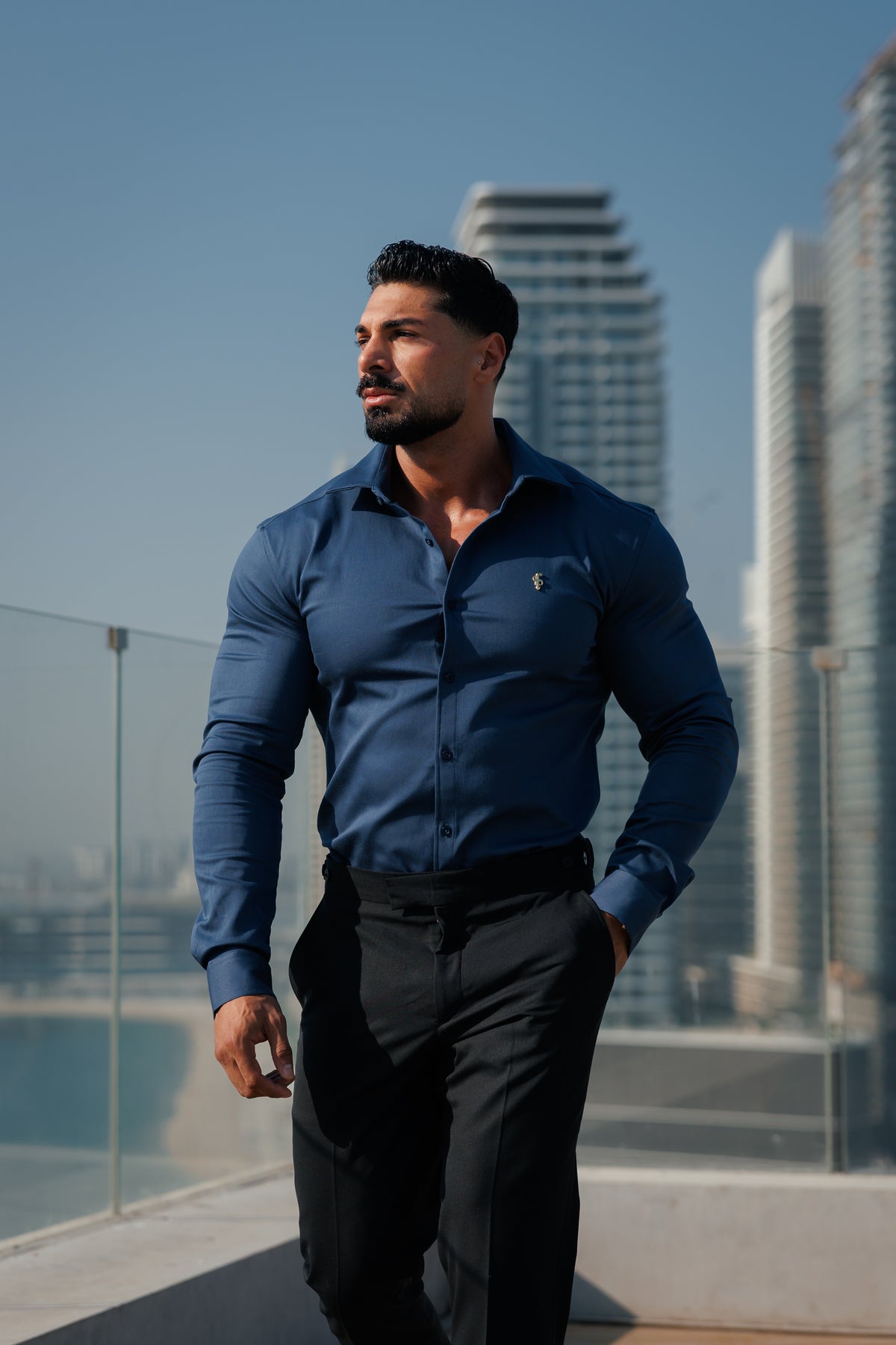 Super Slim Stretch New Navy Denim Long Sleeve with Gold Metal Decal and Cutaway Collar - FS1314