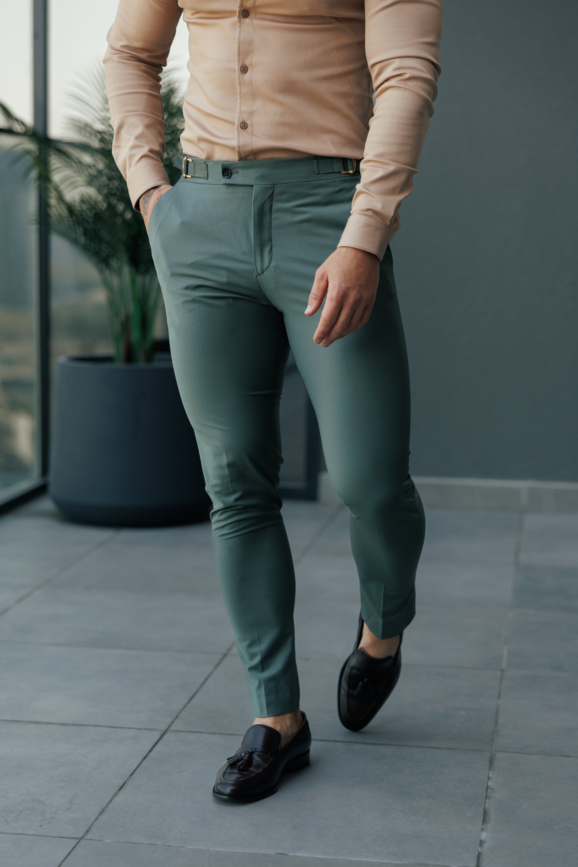 Slim Formal Khaki Stretch Trousers with Side Adjusters - FST026