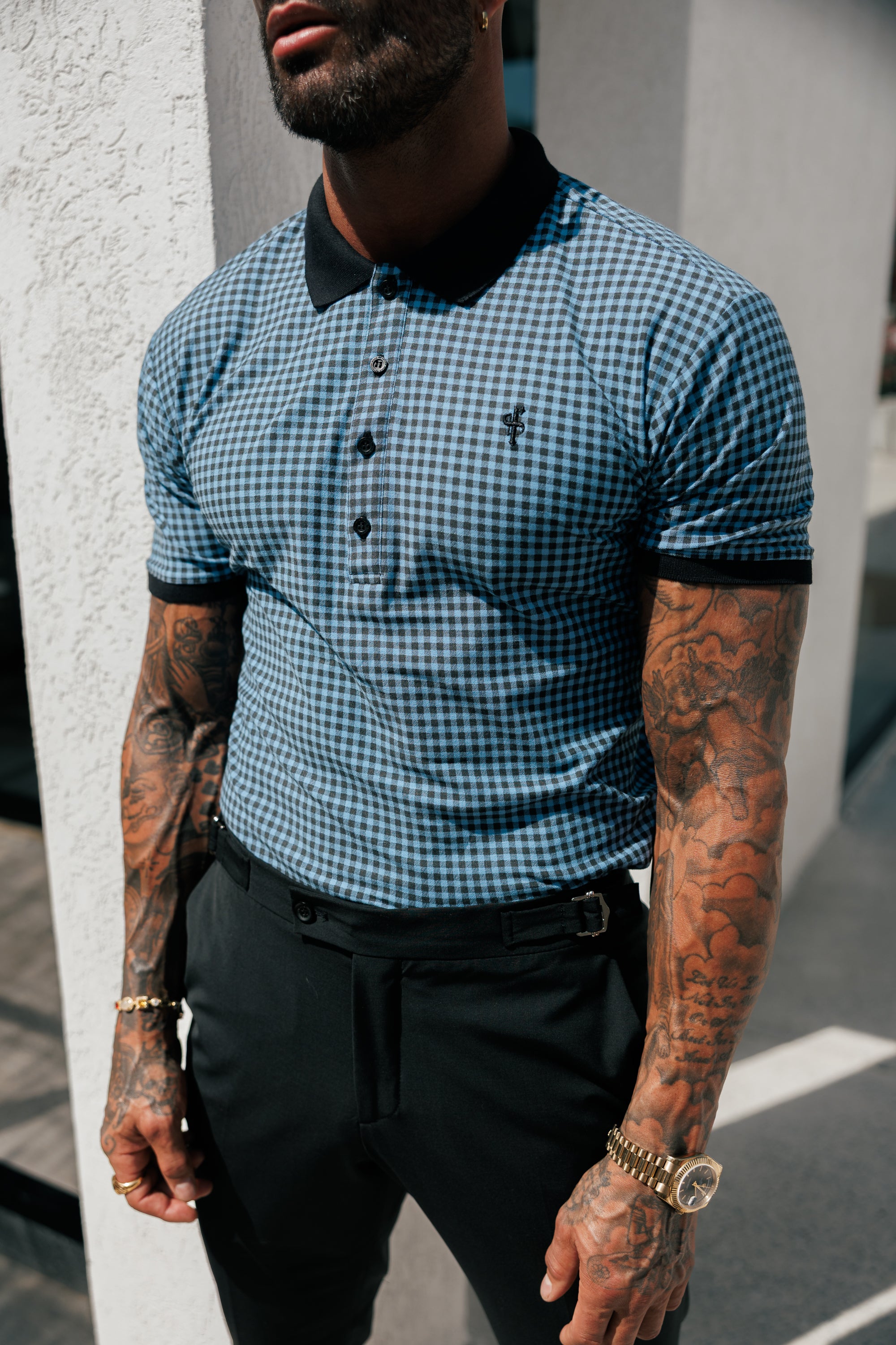 Black / Blue Printed Check Polo Shirt - FSH1262