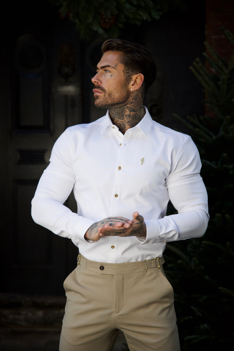 Father Sons Super Slim Stretch White Denim Long Sleeve with Gold Metal Decal and Buttons - FS925