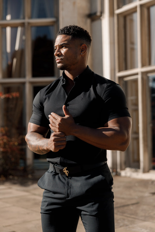Father Sons Super Slim Scuba Black Short Sleeve Stretch with Back Box Pleat and Side Seam Detail - FS999