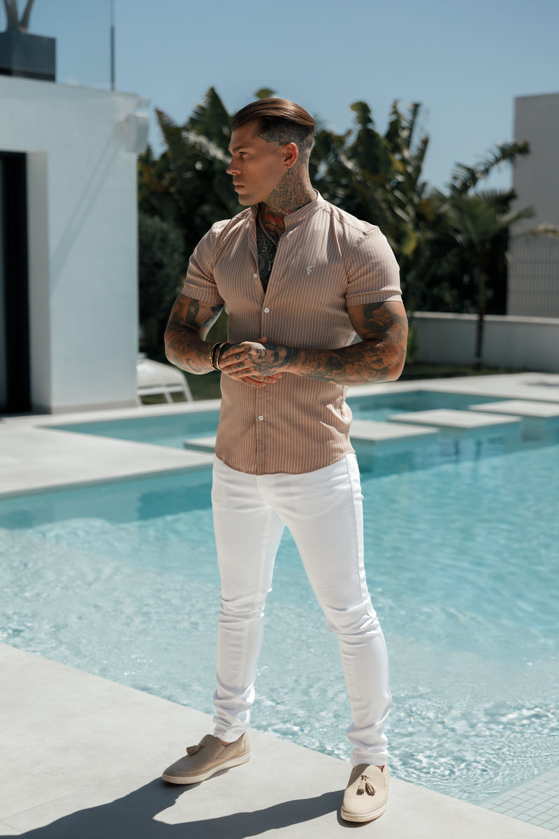 Father Sons Super Slim Stretch Taupe Printed Pinstripe Short Sleeve with Grandad Collar - FS1058