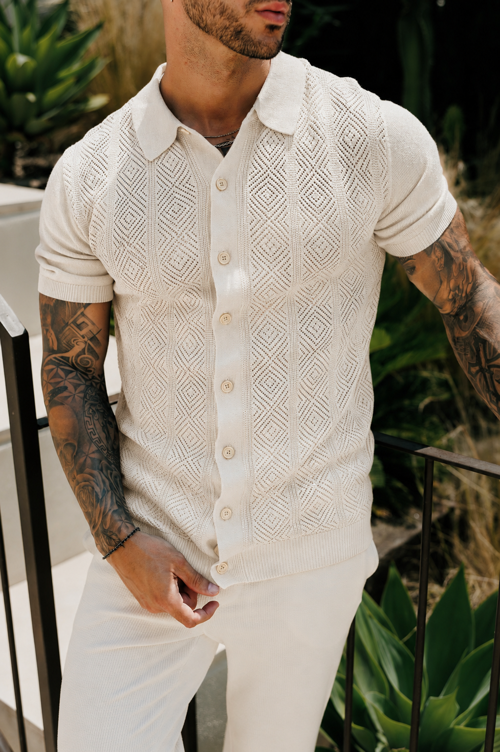 Cream Diamond Stripe Perforated Shirt Short Sleeve - FSA024 (PRE ORDER 31ST AUGUST)