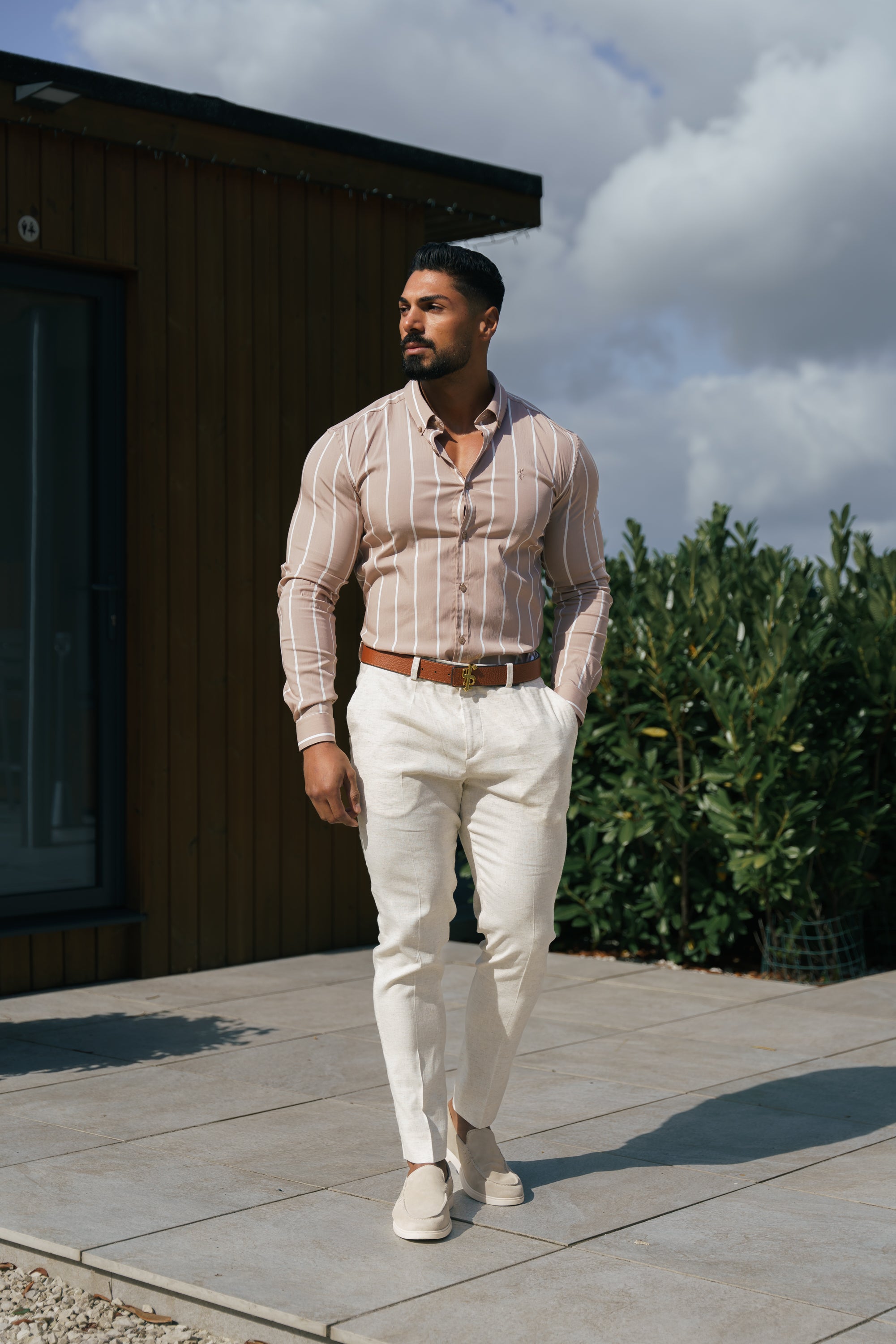 Super Slim Stretch Taupe Printed Wide Stripe Long Sleeve with Button Down Collar - FS1065