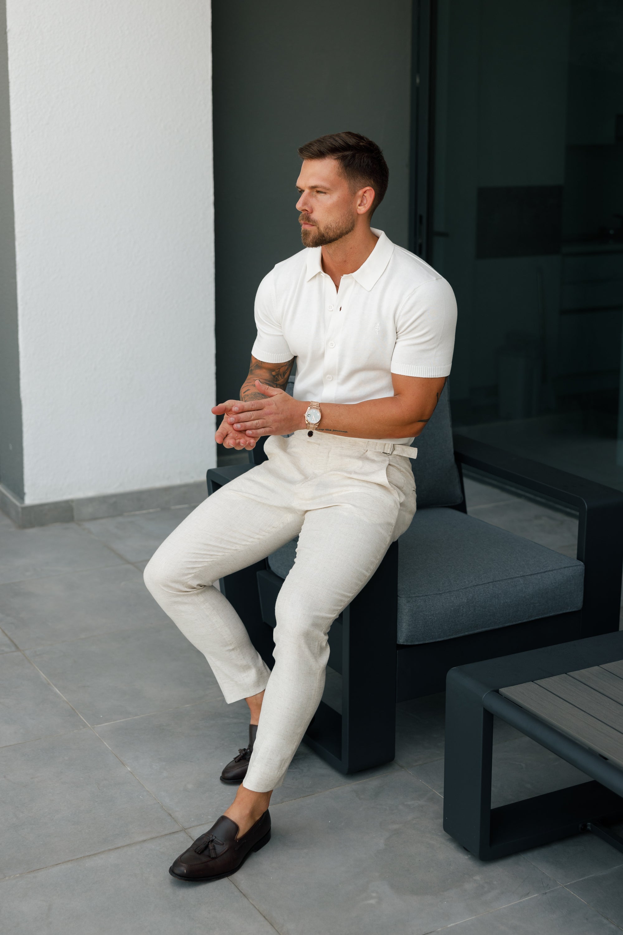 Classic Plain Off White Knitted Button Through Polo Short Sleeve - FSN165