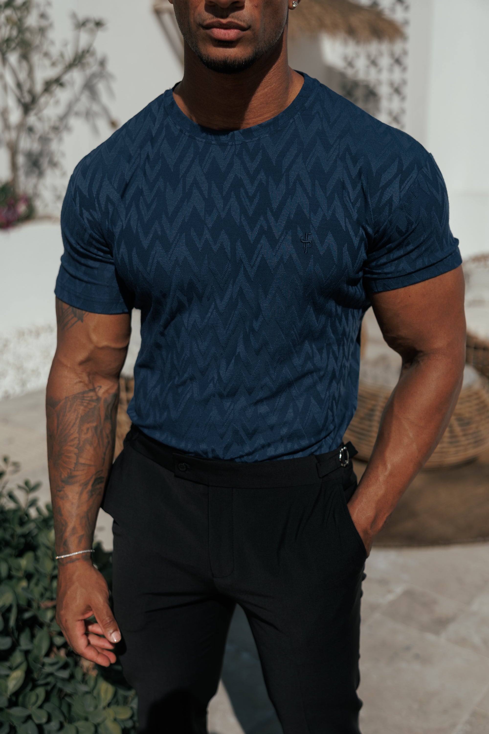 Regular Fit Jacquard Navy Chevron T-Shirt - FSR048 (PRE ORDER 27TH MARCH)