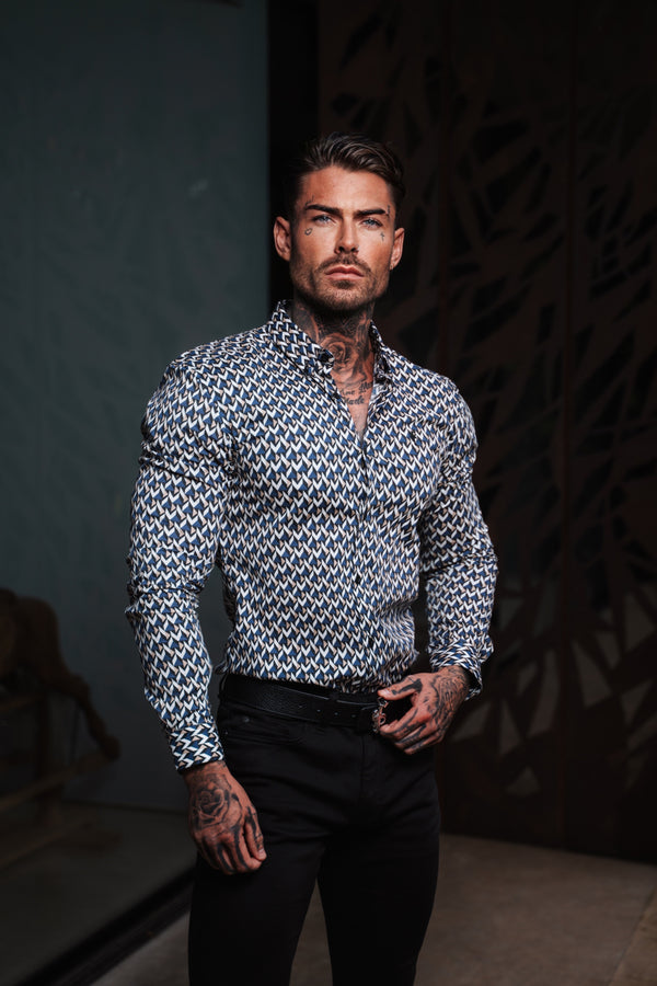 Father Sons Super Slim Stretch Blue / Beige Chevron Print Long Sleeve with Button Down Collar - FS902