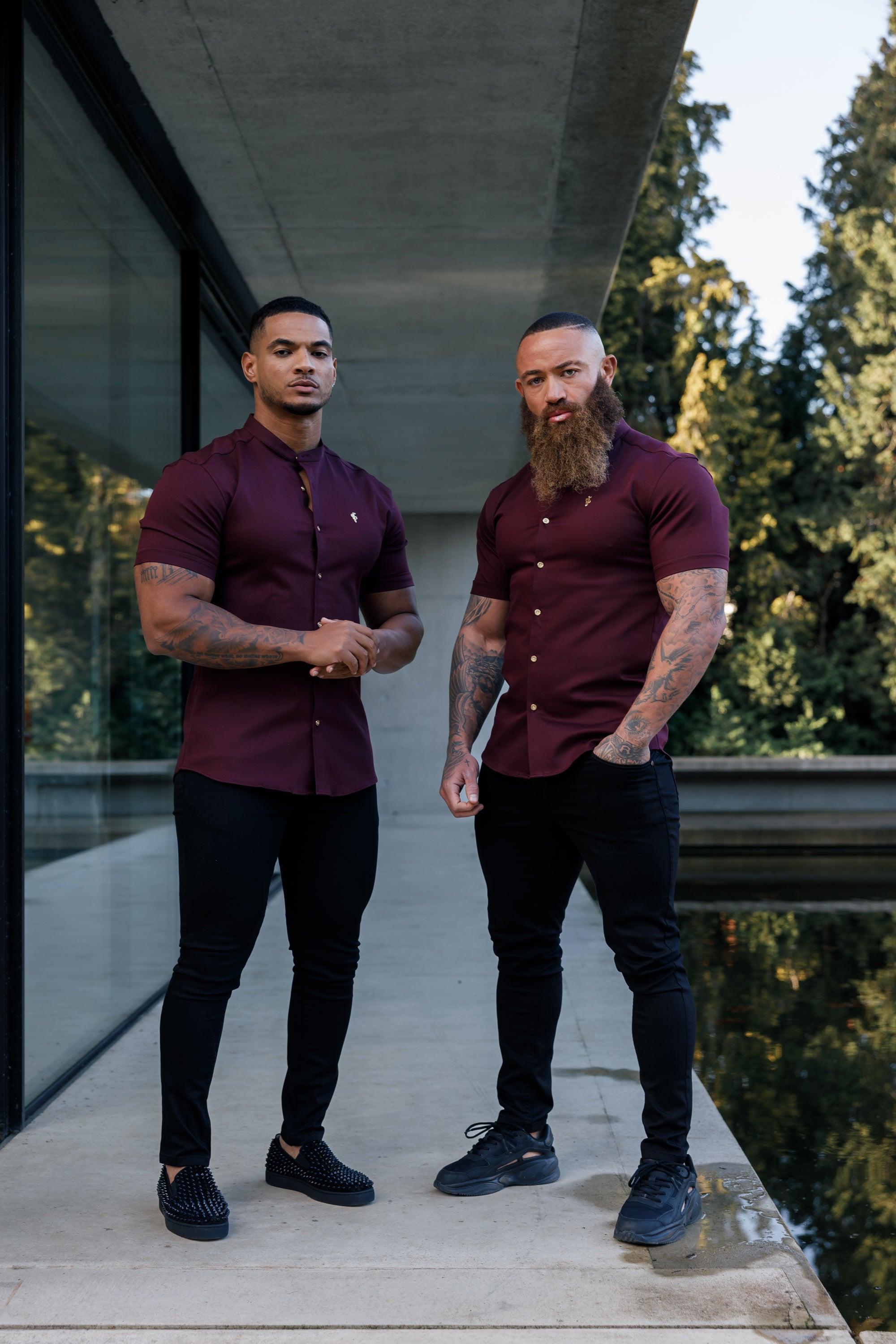 Super Slim Stretch Burgundy Denim Short Sleeve Grandad collar with Metal Buttons and Decal Emblem - FS722