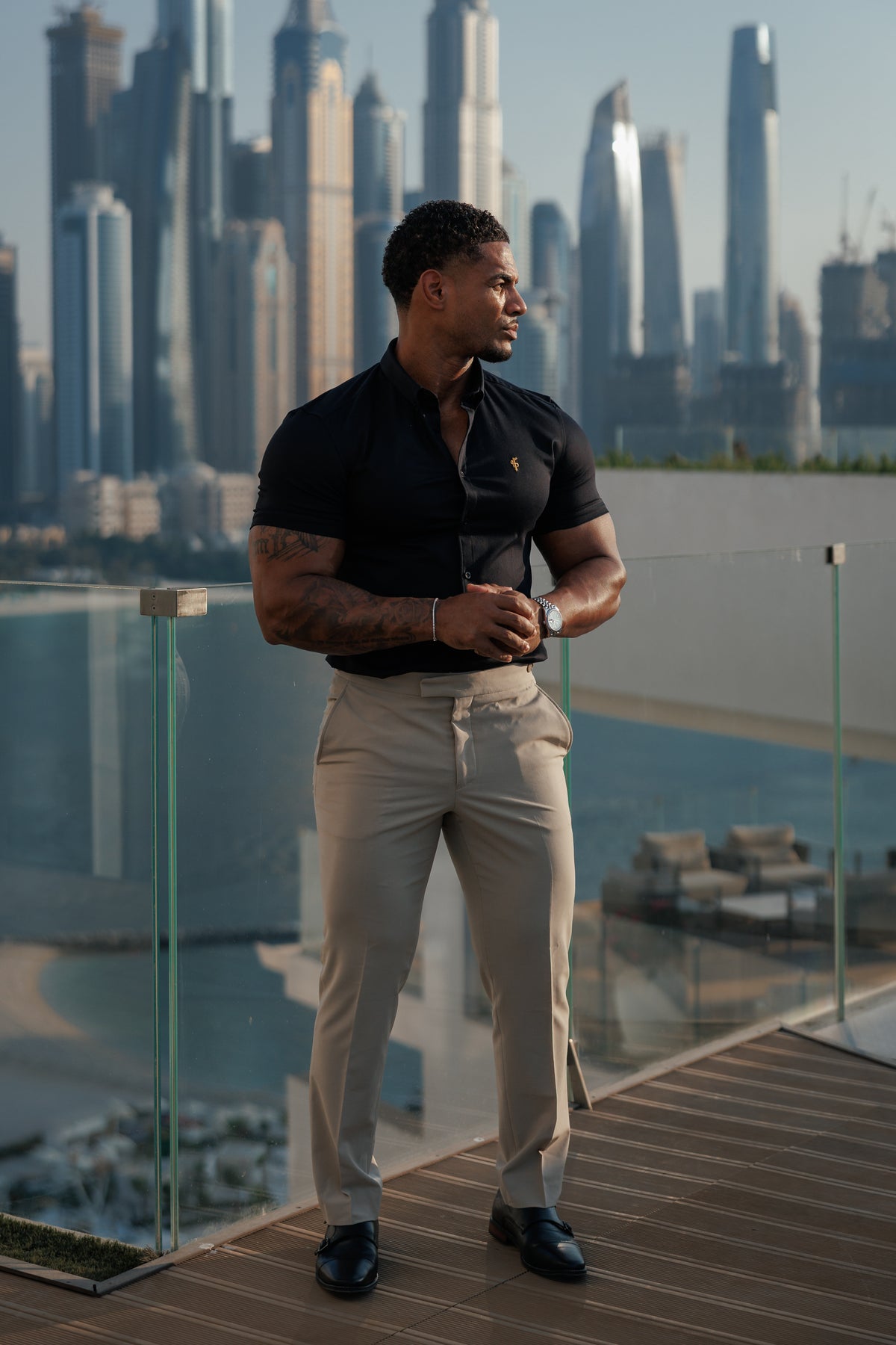 Super Slim Stretch Black Denim Short Sleeve with Gold Embroidery and Button Down Collar - FS1041