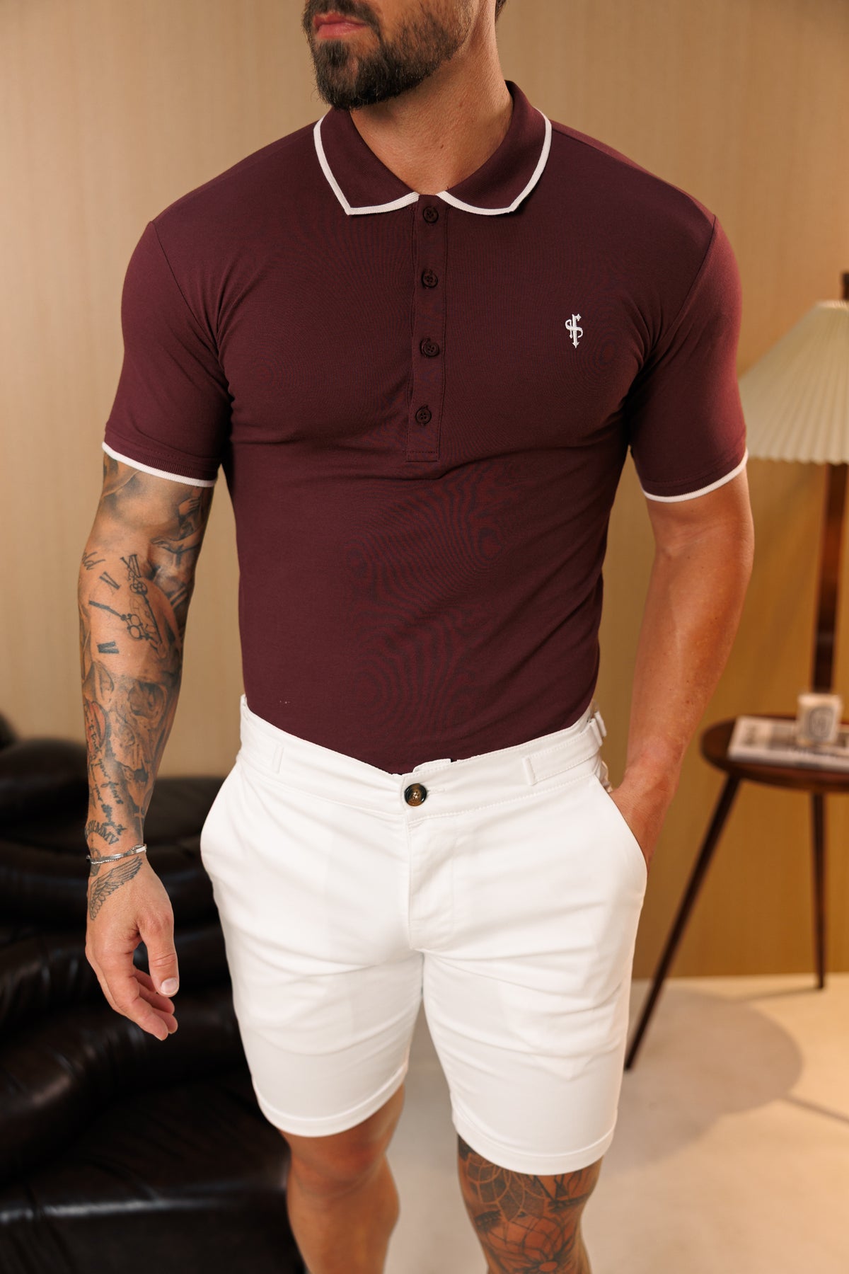 Burgundy / White Polo Shirt With Contrast Collar and Sleeve - FSH1676
