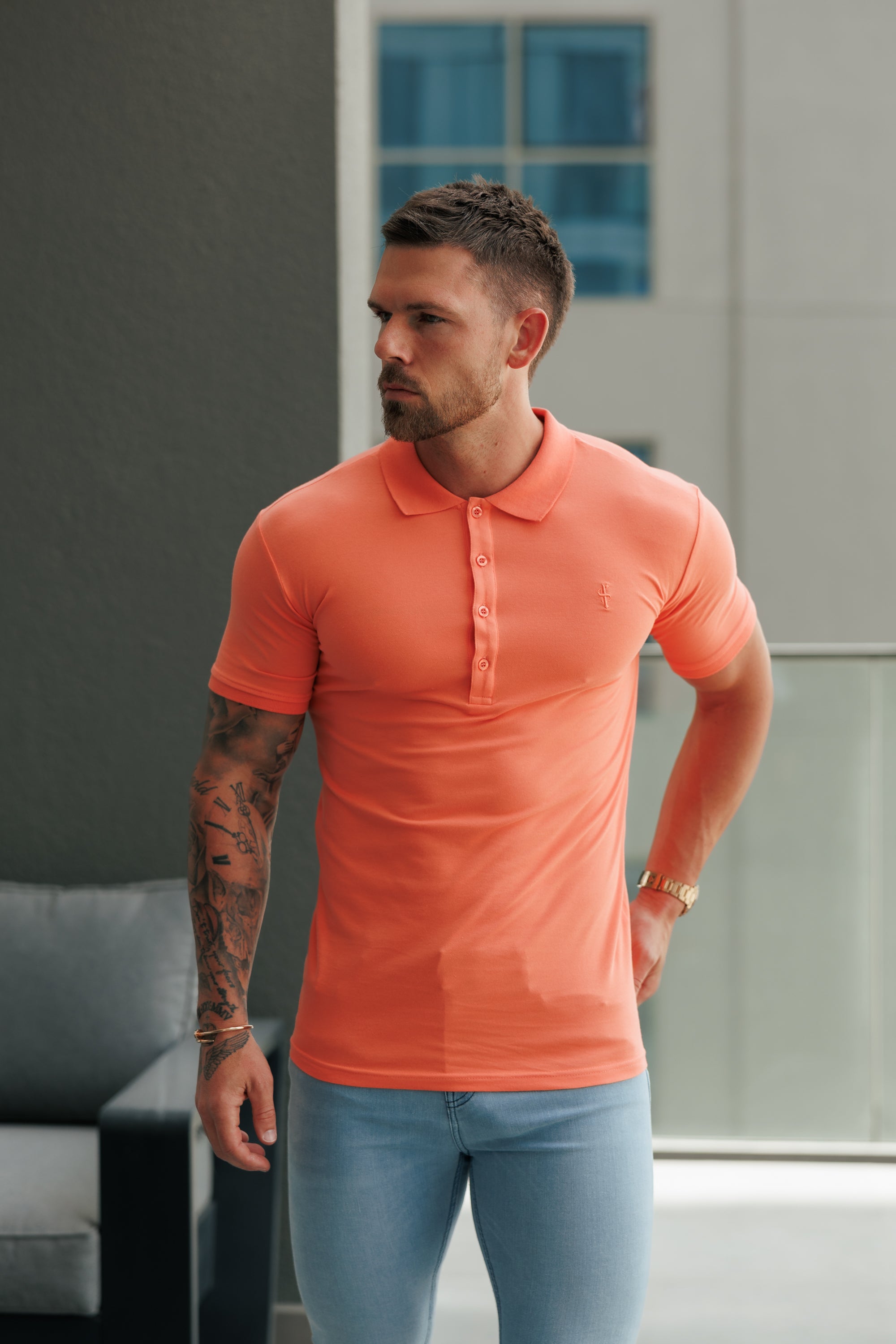 Classic Salmon Polo Shirt with Tonal Button and Embroidery - FSH1271