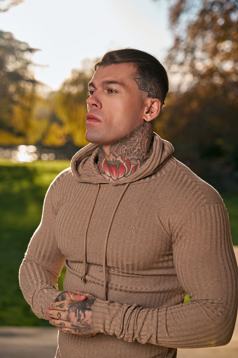 Father Sons Classic Chocolate Brown Ribbed Knit Hoodie Jumper - FSH911