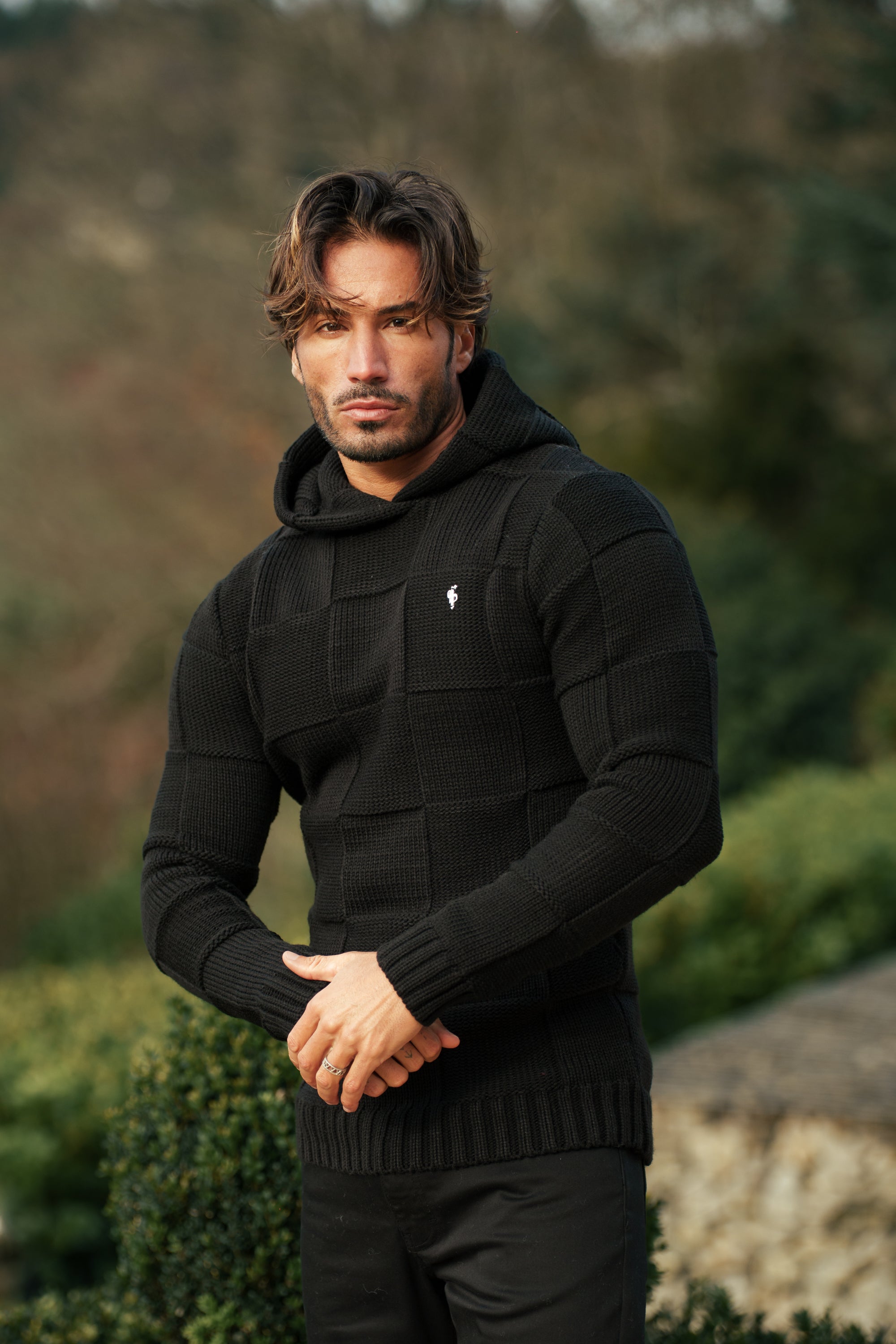 Black Checkerboard Knitted Hoodie - FSJ135