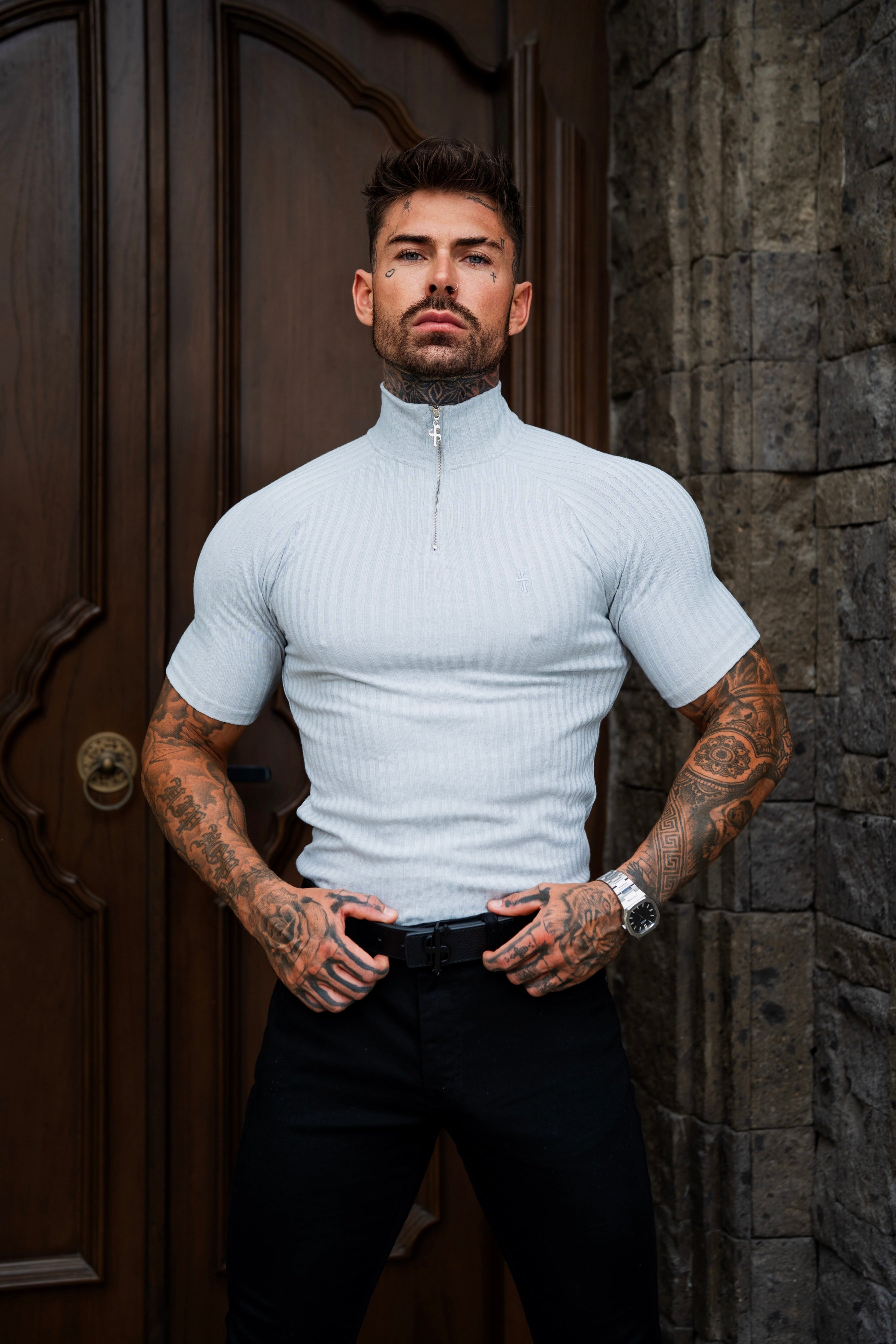 Classic Light Grey Ribbed Zip Funnel Neck Raglan Short Sleeve Crew - FSH1287