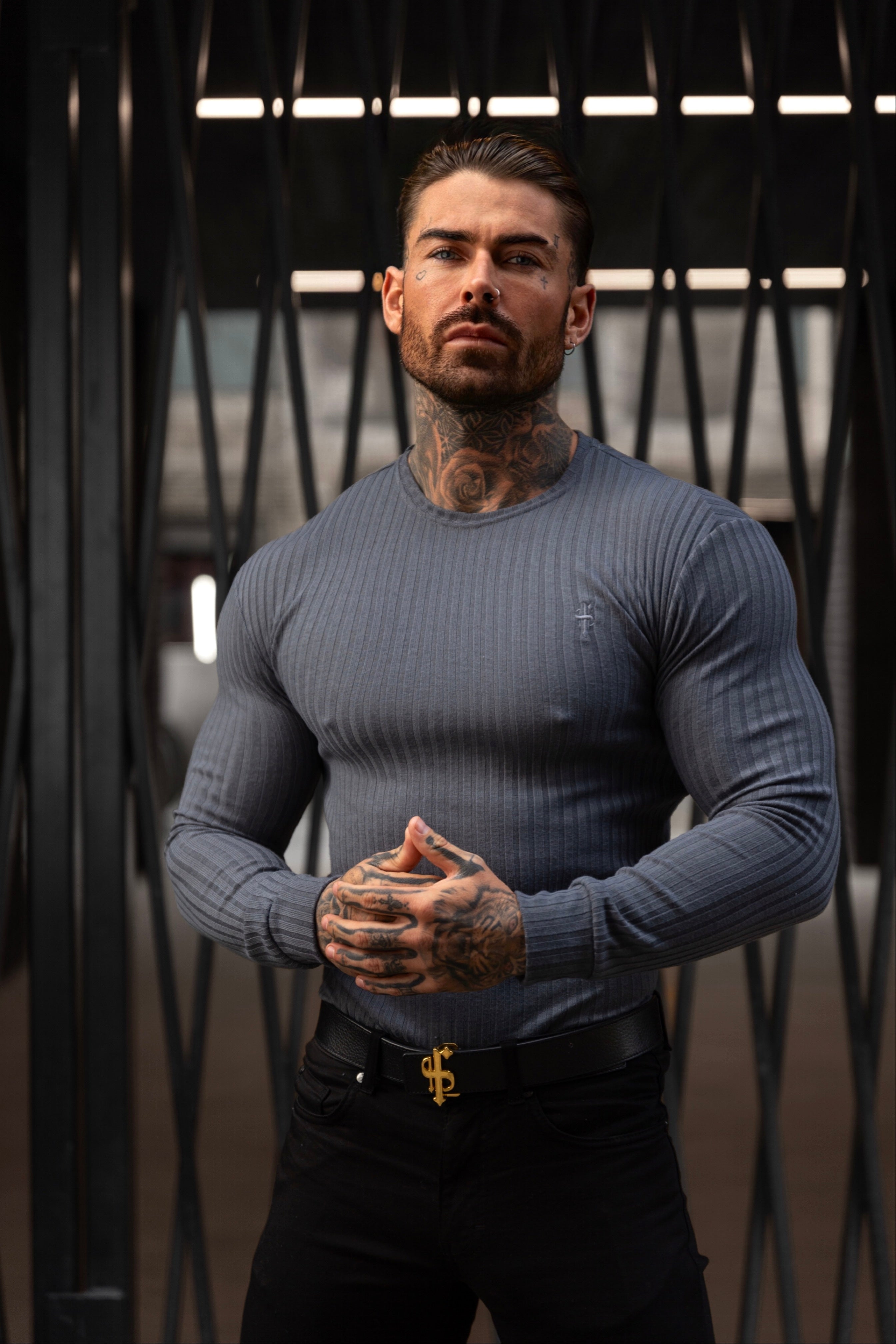 Classic Charcoal Ribbed Knit Jumper With Tonal Embroidery - FSH946