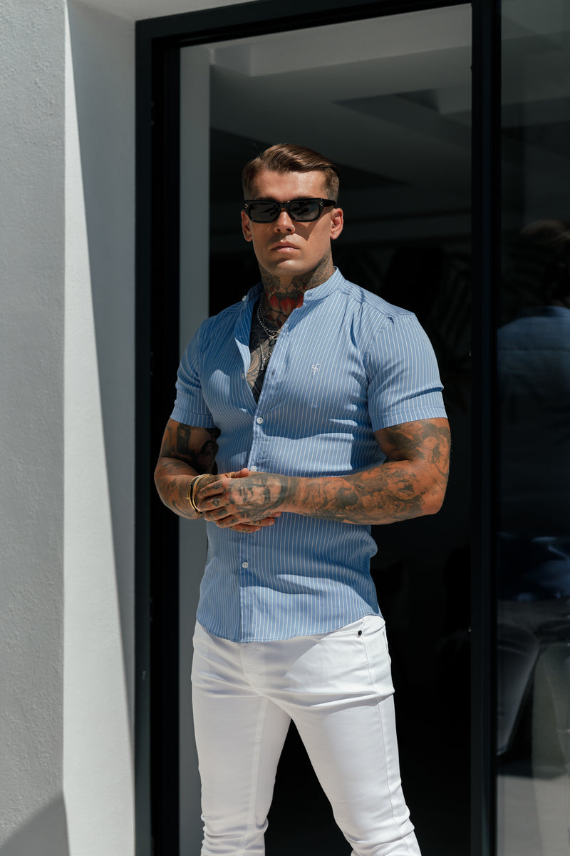 Father Sons Super Slim Stretch Light Blue Printed Pinstripe Short Sleeve with Grandad Collar - FS1060