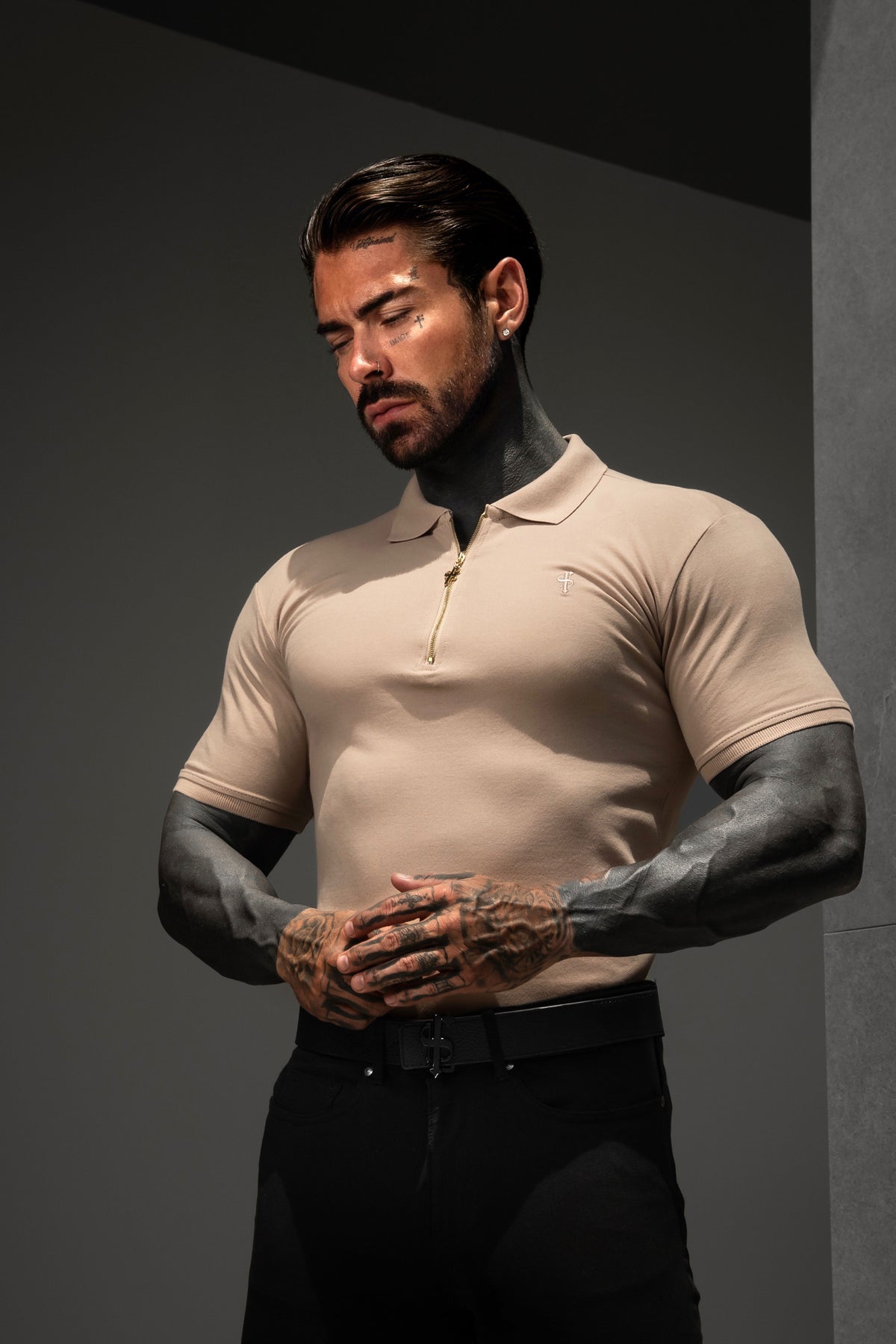 Classic Beige and Gold Zipped Polo Shirt - FSH1522