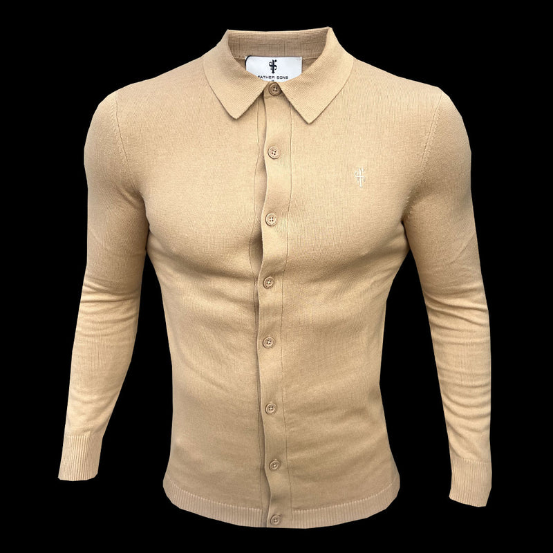 Father Sons Classic Plain Coffee Knitted Button Through Polo Long Sleeve - FSN171