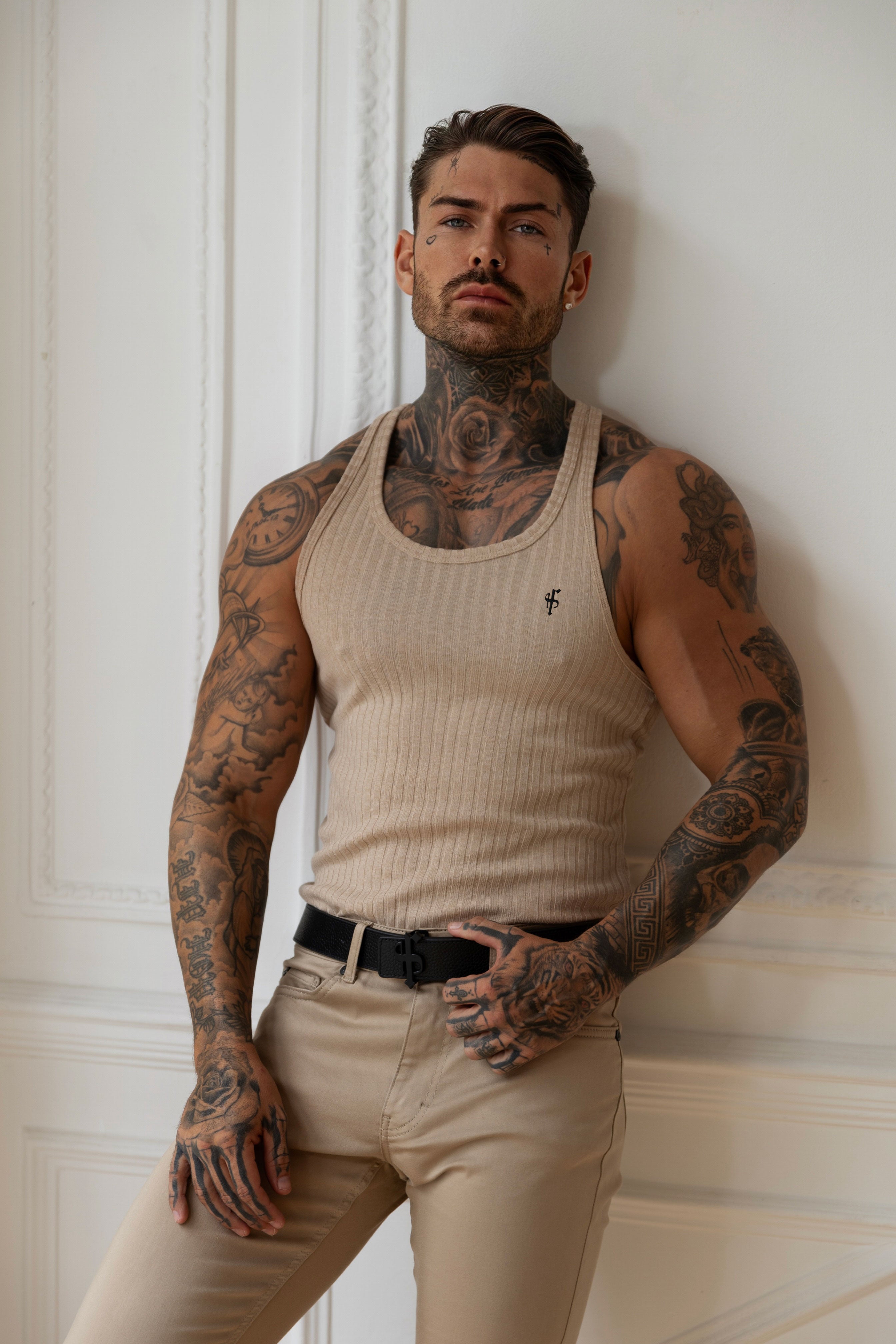 Beige / Black Ribbed Knit Super Slim Vest - FSH1324