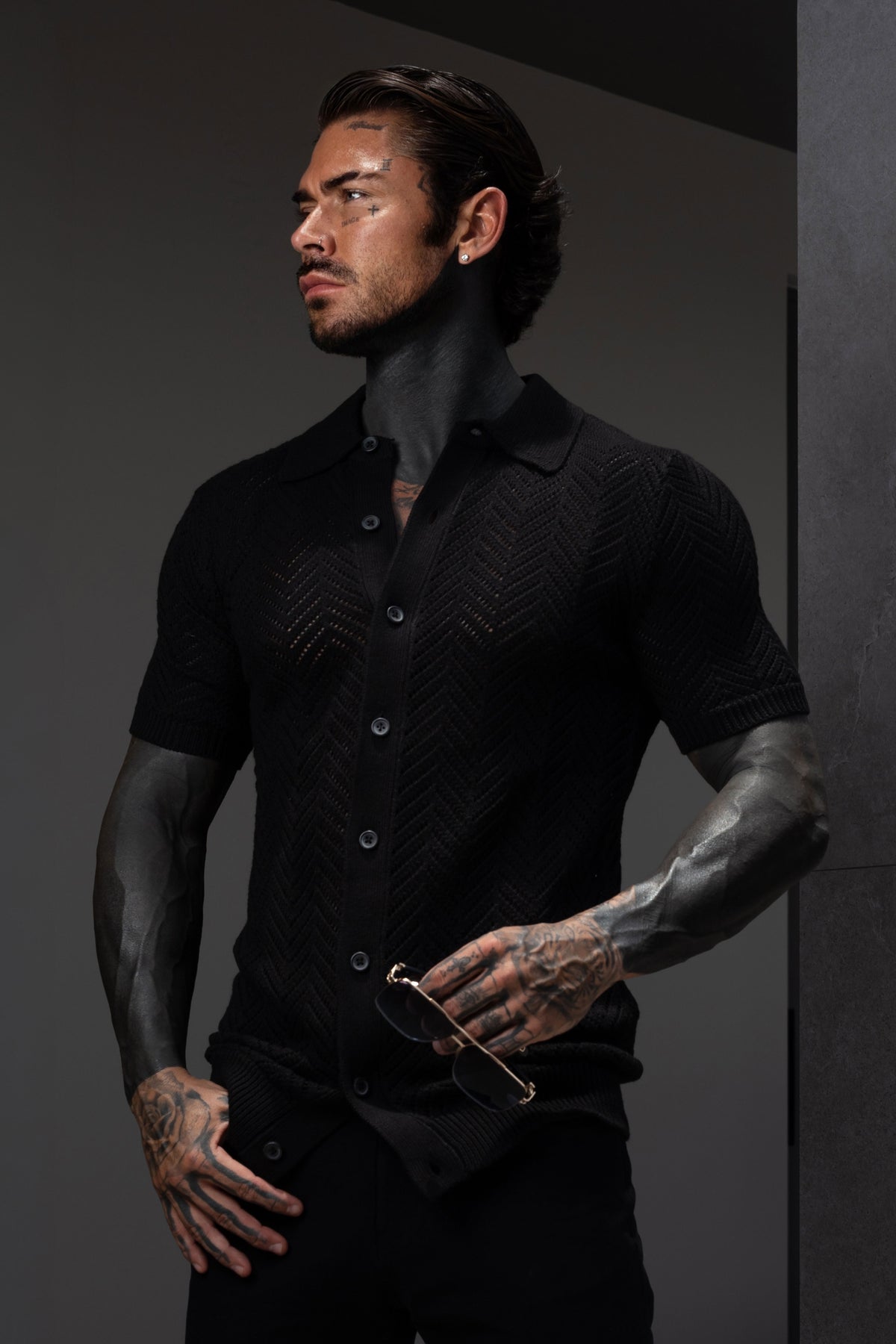 Black Chevron Perforated Shirt Short Sleeve -  FSA013