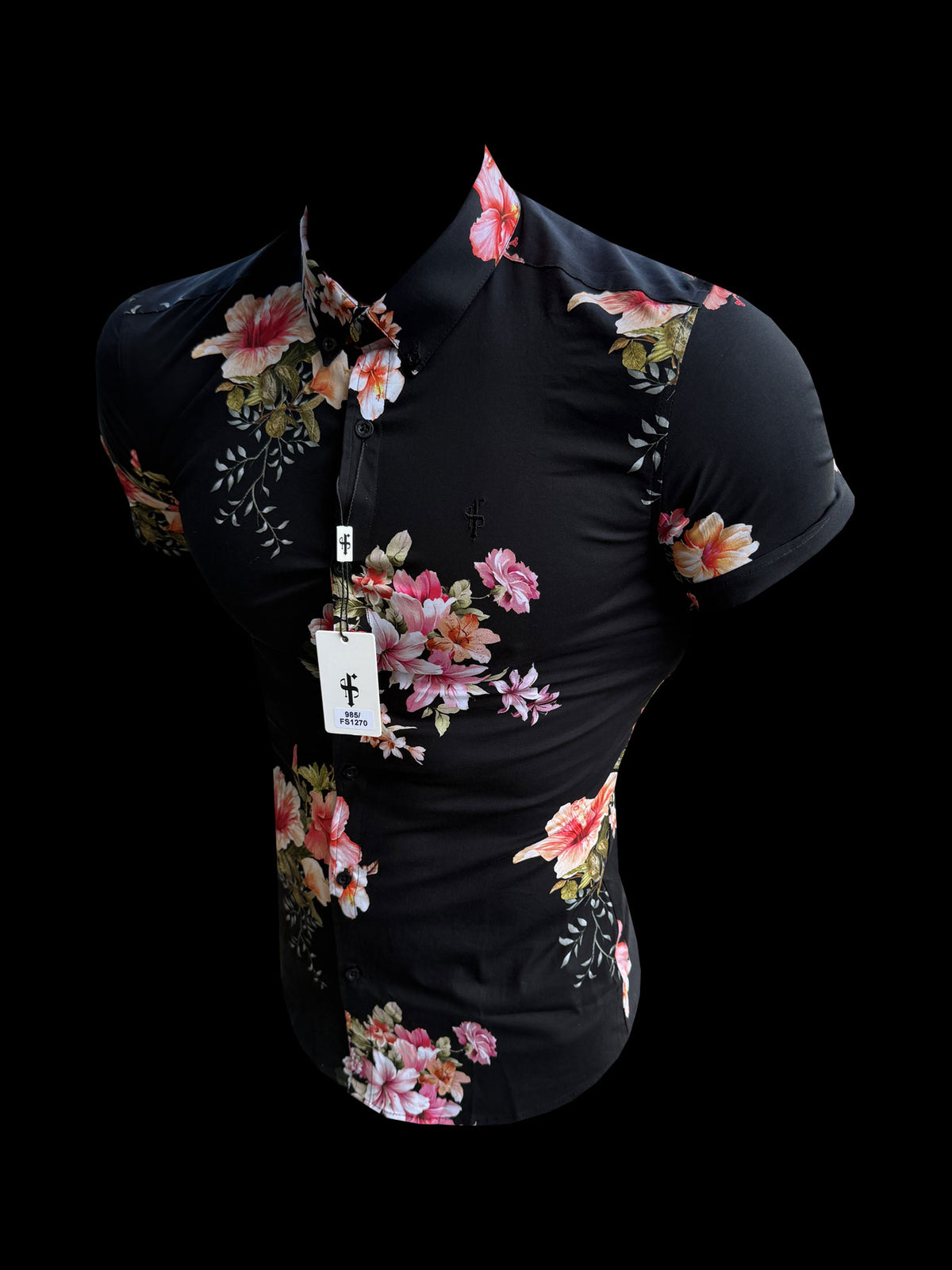 Super Slim Stretch Black Mixed Lily Floral Print Short Sleeve with Button Down Collar - FS1270
