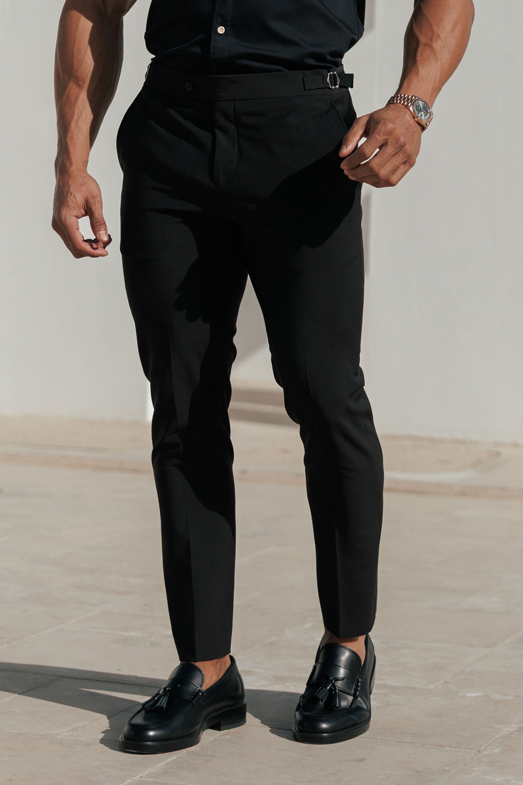 Slim Formal Black Stretch Trousers With Gold Waist Adjusters - FST041