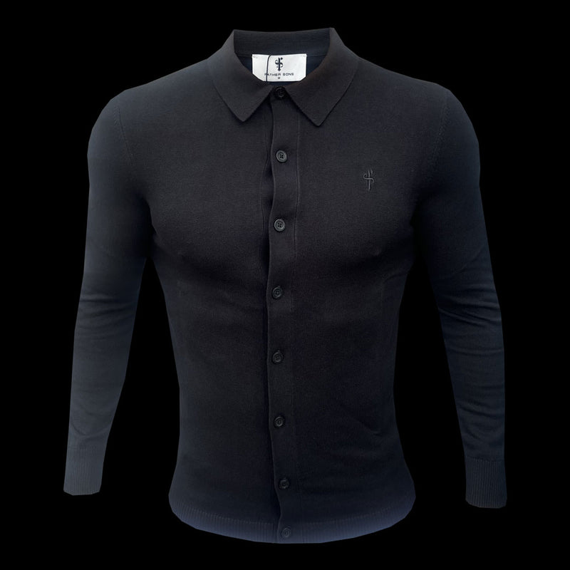 Father Sons Classic Plain Black Knitted Button Through Polo Long Sleeve - FSN166