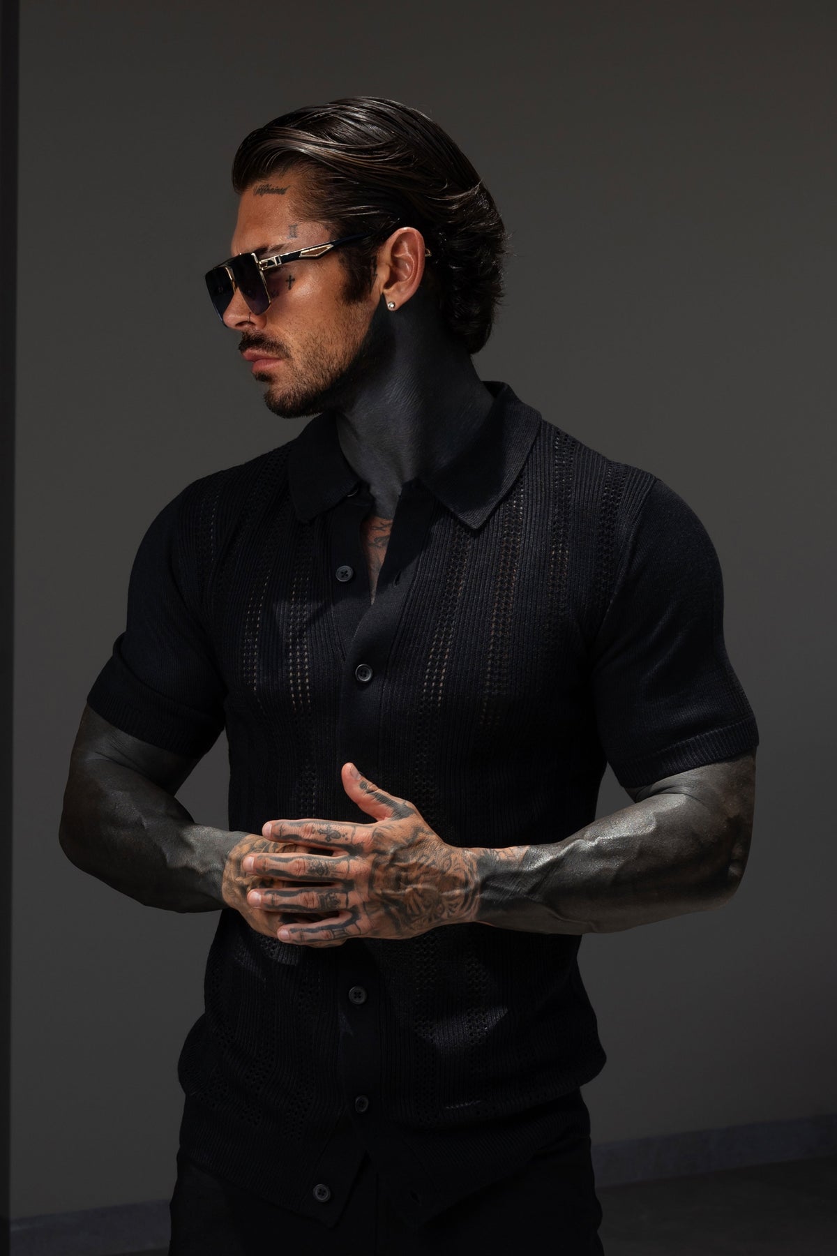 Black Stripe Perforated Shirt Short Sleeve -  FSA019
