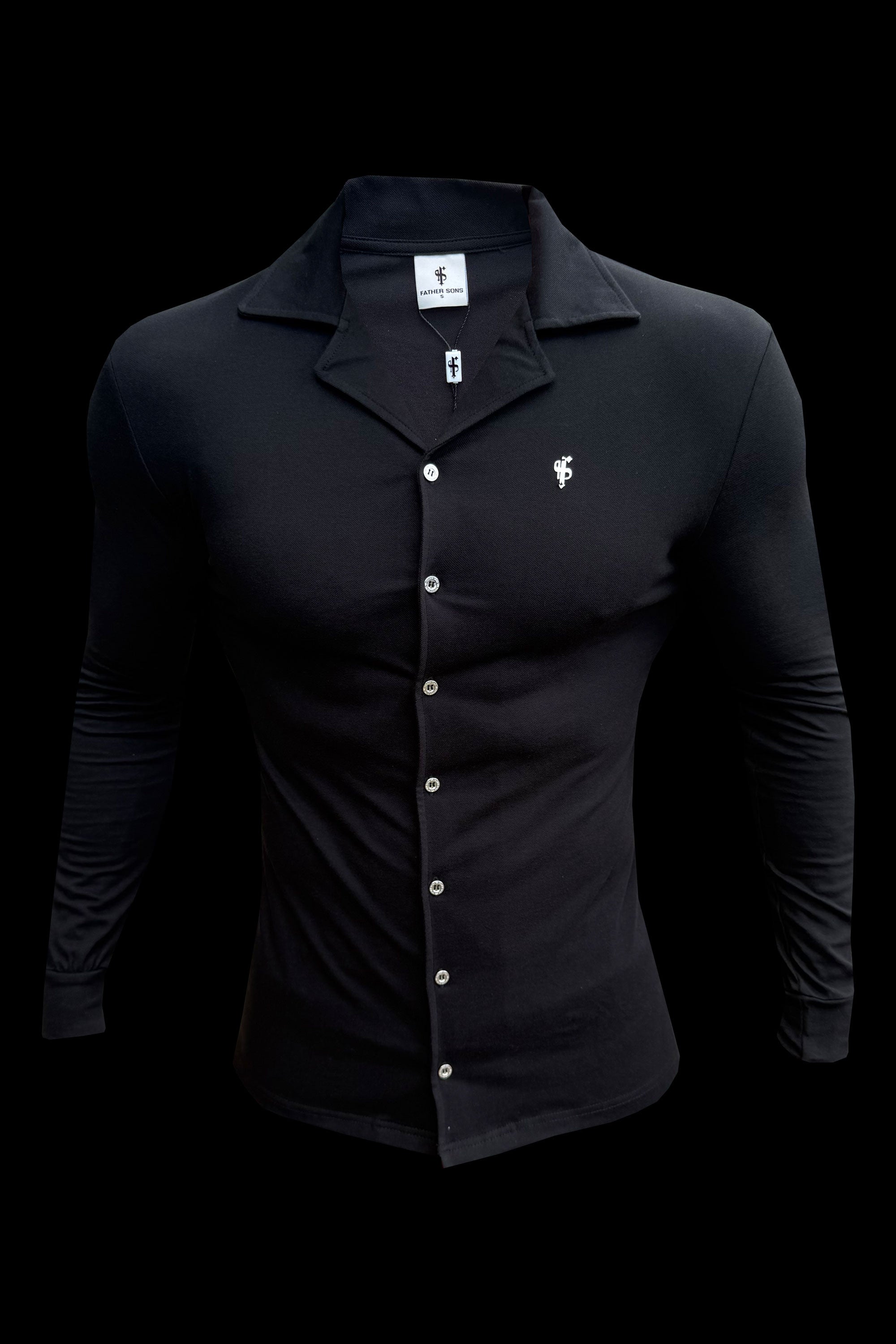Stretch Black Pique Revere Shirt Long Sleeve - FSH1351