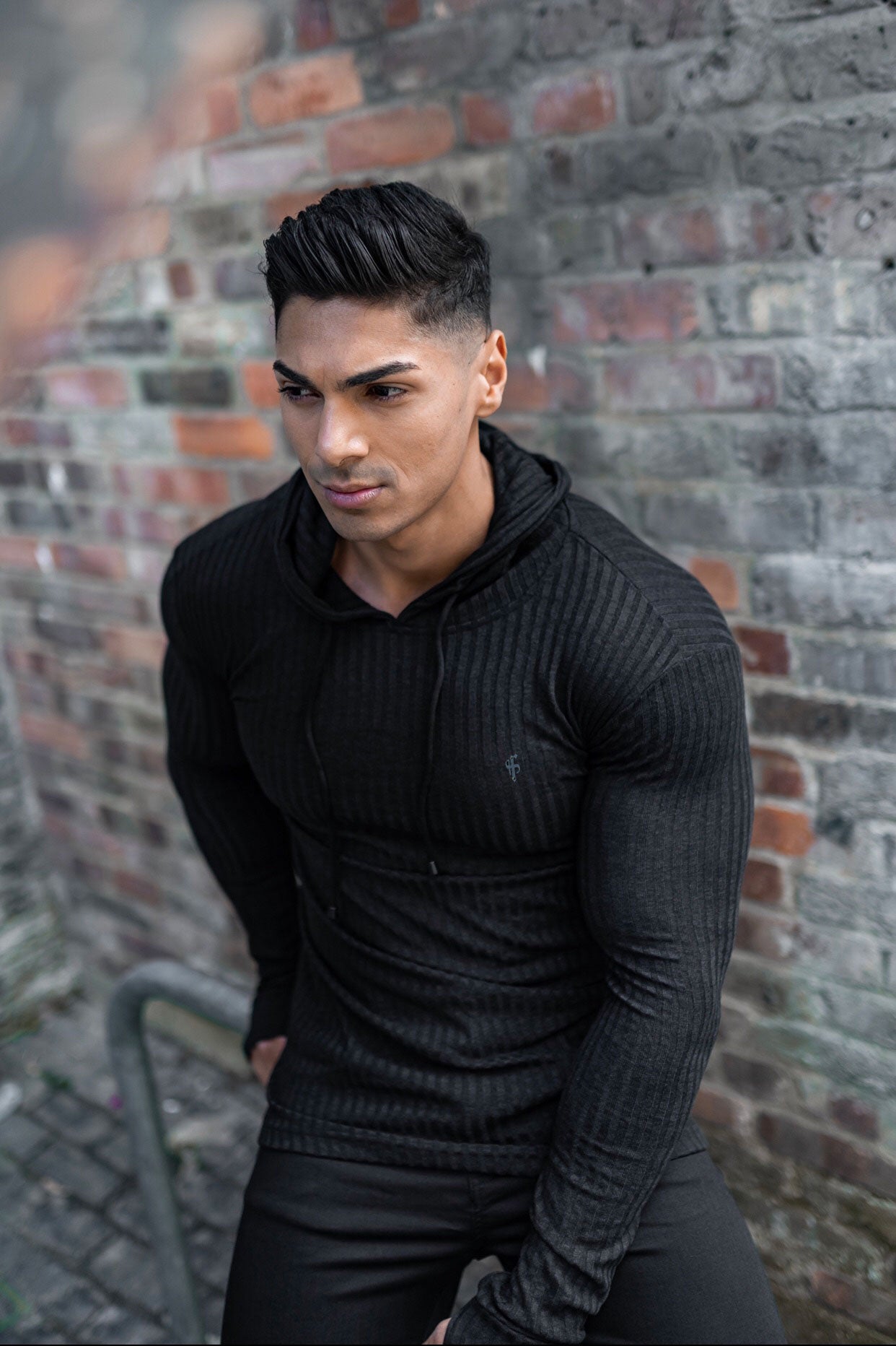Classic Black Ribbed Knit Hoodie Jumper With Black Emblem - FSH1307