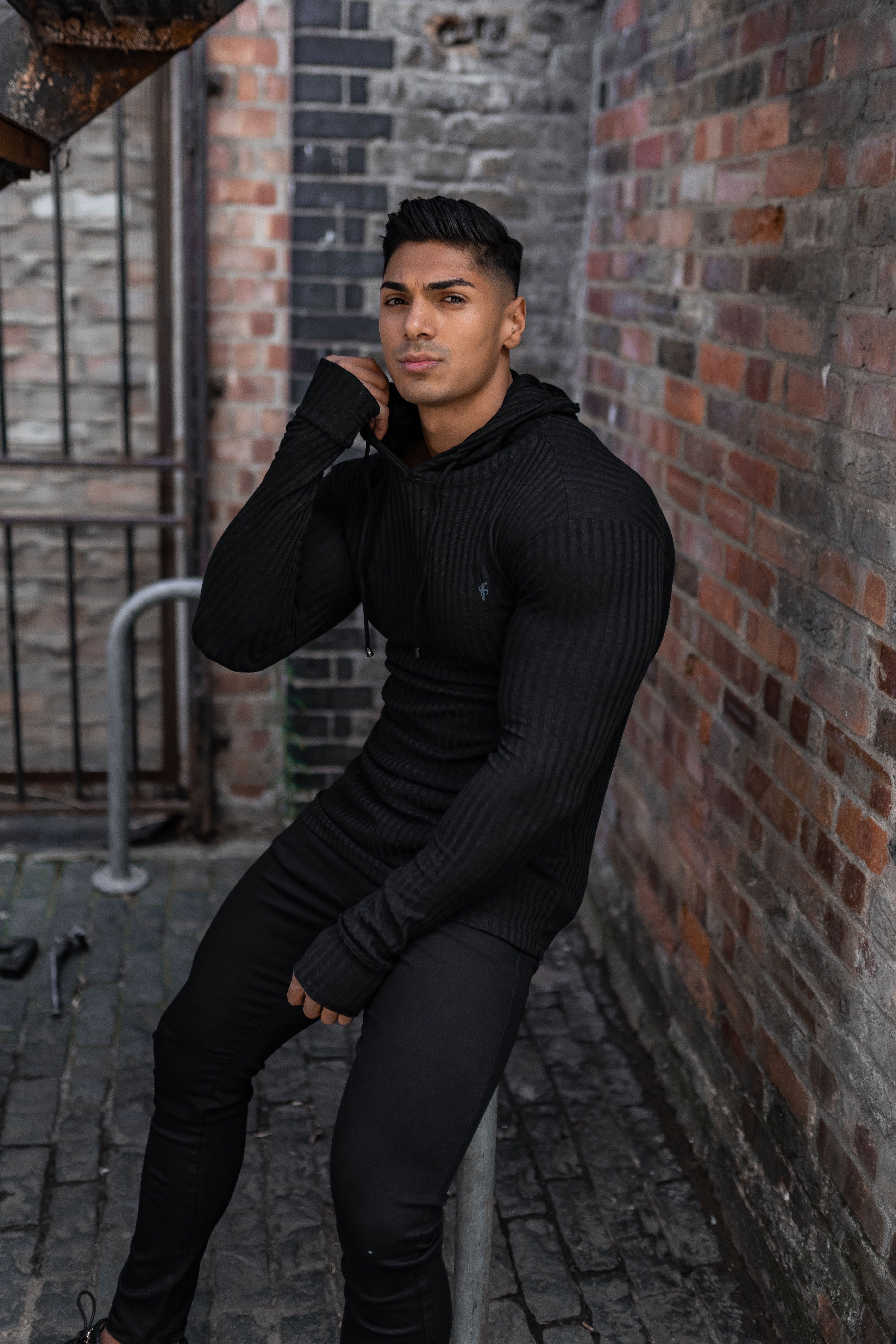 Classic Black Ribbed Knit Hoodie Jumper With Black Emblem - FSH1307