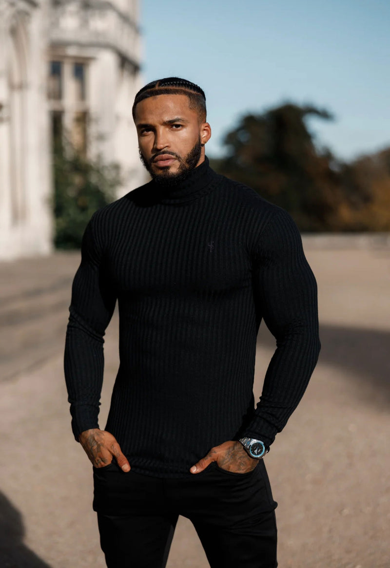 Father Sons Classic Black Ribbed Knit Roll-neck Jumper - FSH952