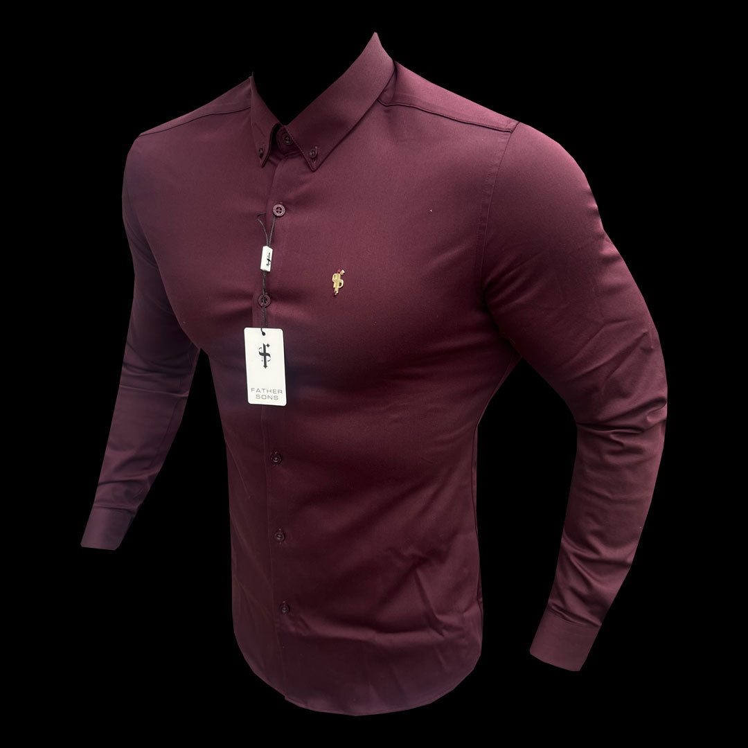 Super Slim Stretch Burgundy Denim Long Sleeve with Gold Metal Decal and Button Down Collar - FS1046