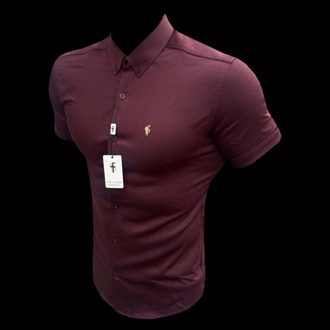 Super Slim Stretch Burgundy Denim Short Sleeve with Gold Metal Decal and Button Down Collar - FS1045