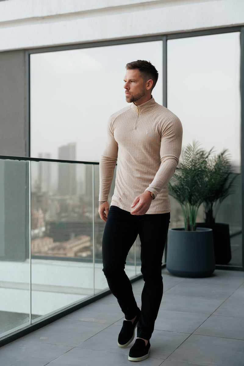 FS Classic Beige Ribbed Zip Funnel Neck Raglan Long Sleeve Crew - FSH1299