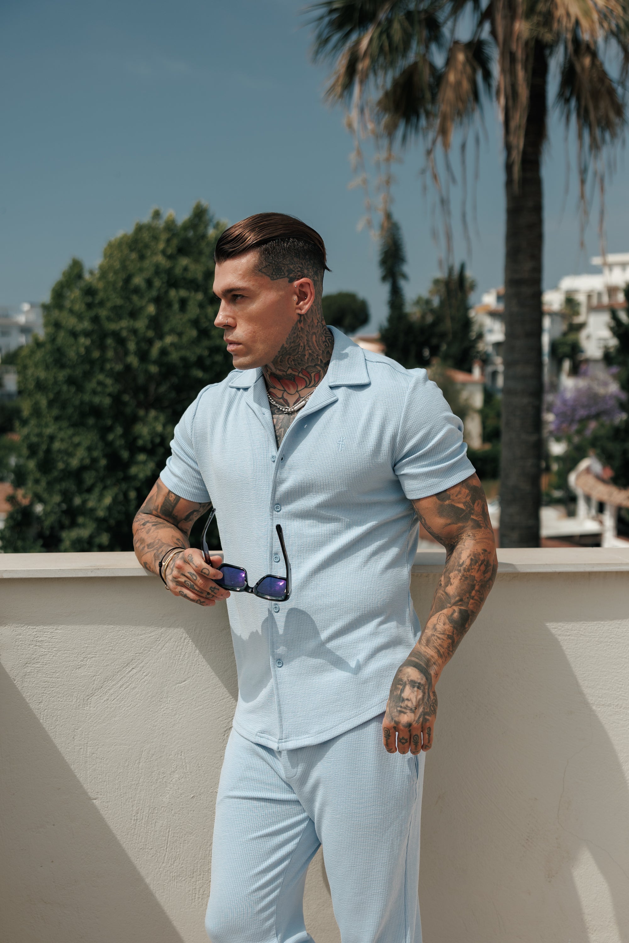 Jersey Cord Stretch Light Blue Revere Shirt Short Sleeve - FSR074 (PRE ORDER 18TH JULY)